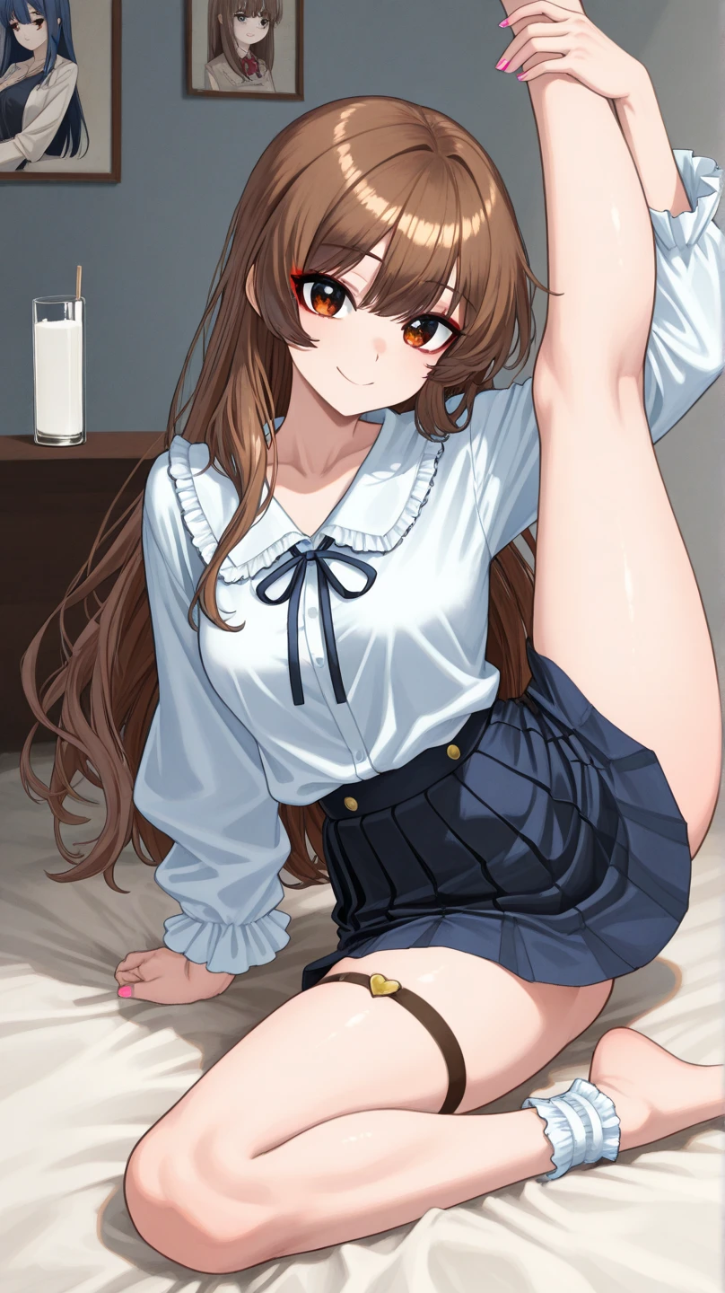 mikanyuuki, mikan yuuki, (brown eyes:1.7), brown hair, hair ornament, hair scrunchie, long hair, pink scrunchie, scrunchie, (flat chest:1.2),
BREAK green skirt, plaid, plaid skirt, sainan high school uniform, school uniform, skirt, shirt, white shirt, sweater vest, (yellow sweater vest:1.5),
BREAK looking at viewer,
BREAK indoors, classroom,
BREAK (masterpiece:1.2), best quality, high resolution, unity 8k wallpaper, (illustration:0.8), (beautiful detailed eyes:1.6), extremely detailed face, perfect lighting, extremely detailed CG, (perfect hands, perfect anatomy), 1girl, school uniform, (white panties:1.5), groin, perineum, thighhighs, (spread legs, knee up:1.5), blush, smile, medium breasts, sitting, on bed, cowboy shot, my room