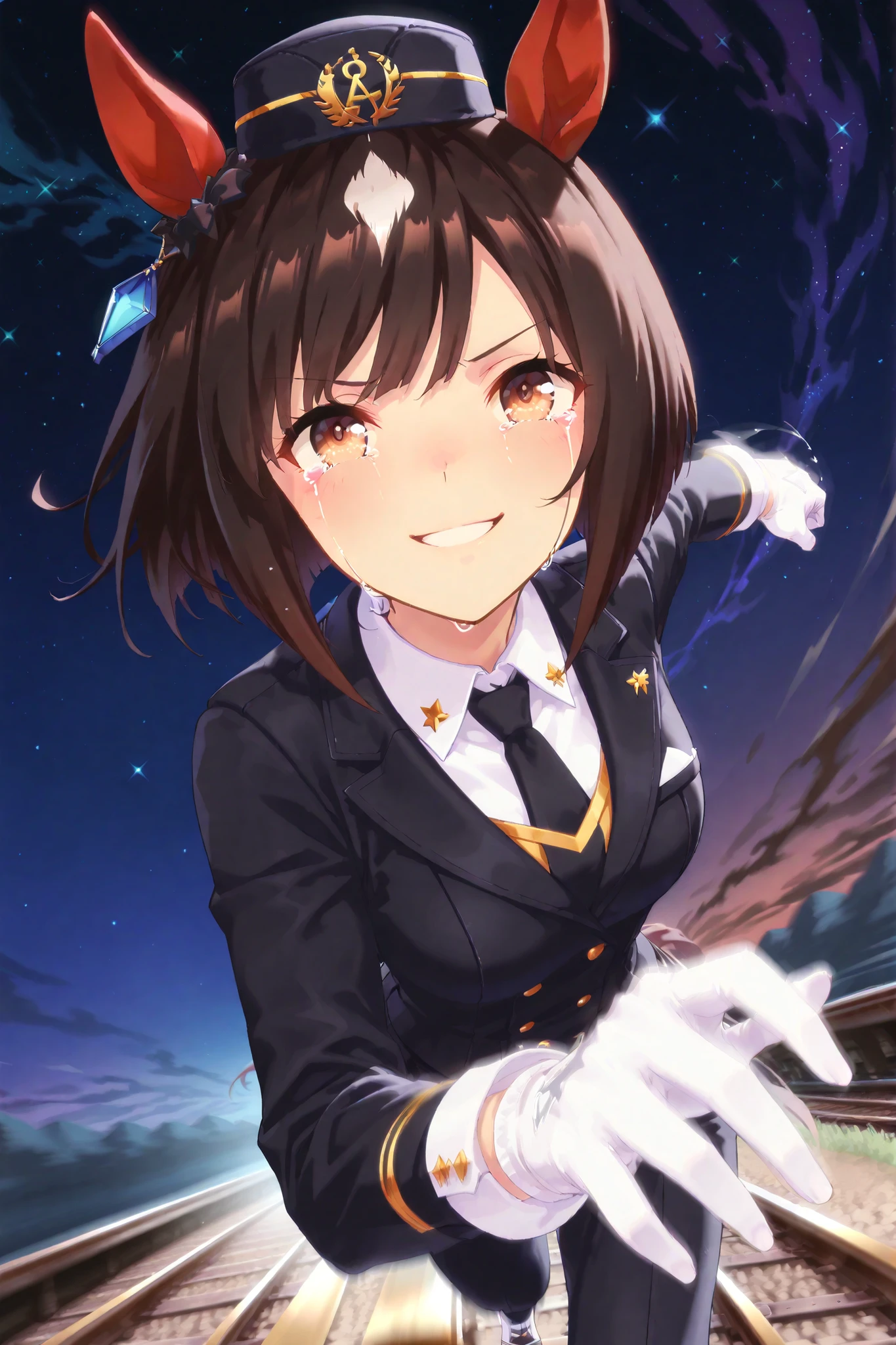 Solo,anime style,Dutch angle,Looking ahead,((starry background,dynamic pose,running on the Rail,motion blur)),red ear cover,BLACK HAIR SHORT BOB,brown eyes,railway peaks cap,lapel vest suit,White gloves,smile,happy tears,sobbing,umamusume,digital art
