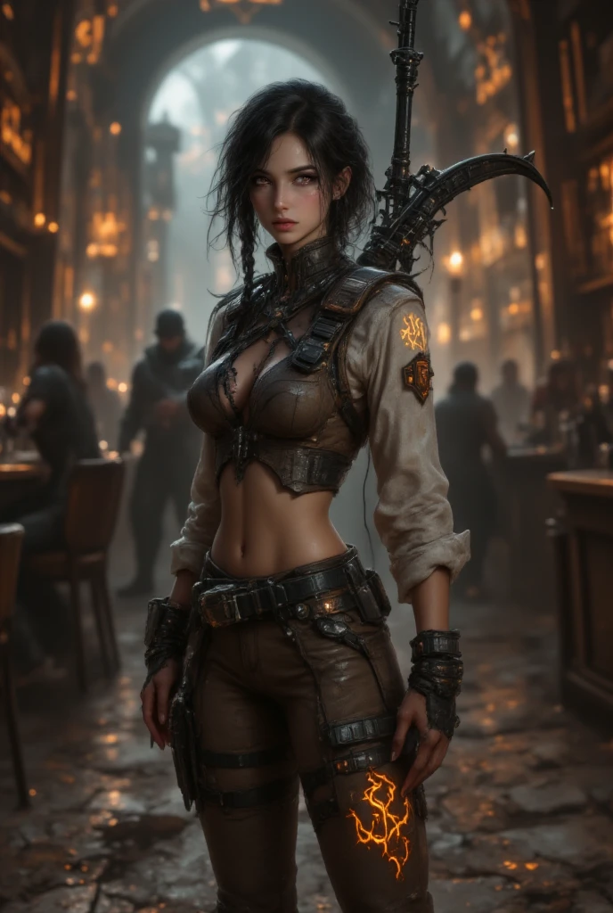 (best quality,4k,8k,highres,masterpiece:1.2),ultra-detailed,(realistic,photorealistic,photo-realistic:1.37) showing a Cyberpunk alley on a pirate island, (is dee Williams porn star with Riley Reed) in a gathering, watching a cat dance by a campfire, there are many drinks, in the style of William Adolphe Bouguereau