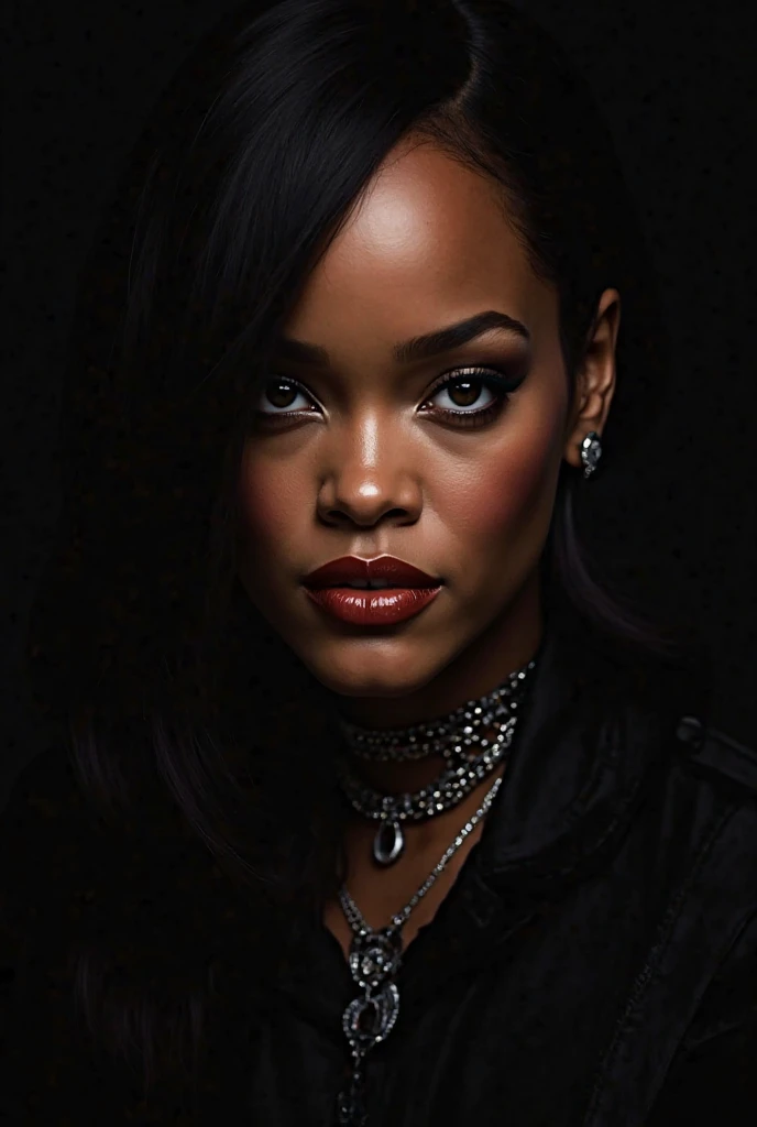 (Rihanna, fleshy mouth, red lips, posing, sensual look, black colored eyes with eyeliner, black dress slumped over shoulders with sensual neckline, (bandage:1.3), (bdsm:1.1), gorgeous body, gorgeous and natural large breasts, loose black hair, black skin, a cabin in the woods at night), (shot in dslr, detailed face, cinematography, maximum detail, neutral colors, hdr, Soft colors, soft cinematic light, insane details, intricate details, hyper-detailed, masterpiece, 8k, wallpaper, (detailed), high quality, ((highly detailed skin, skin details)), sharp focus, 8k uhd, DSLR, grain film) --auto --s2