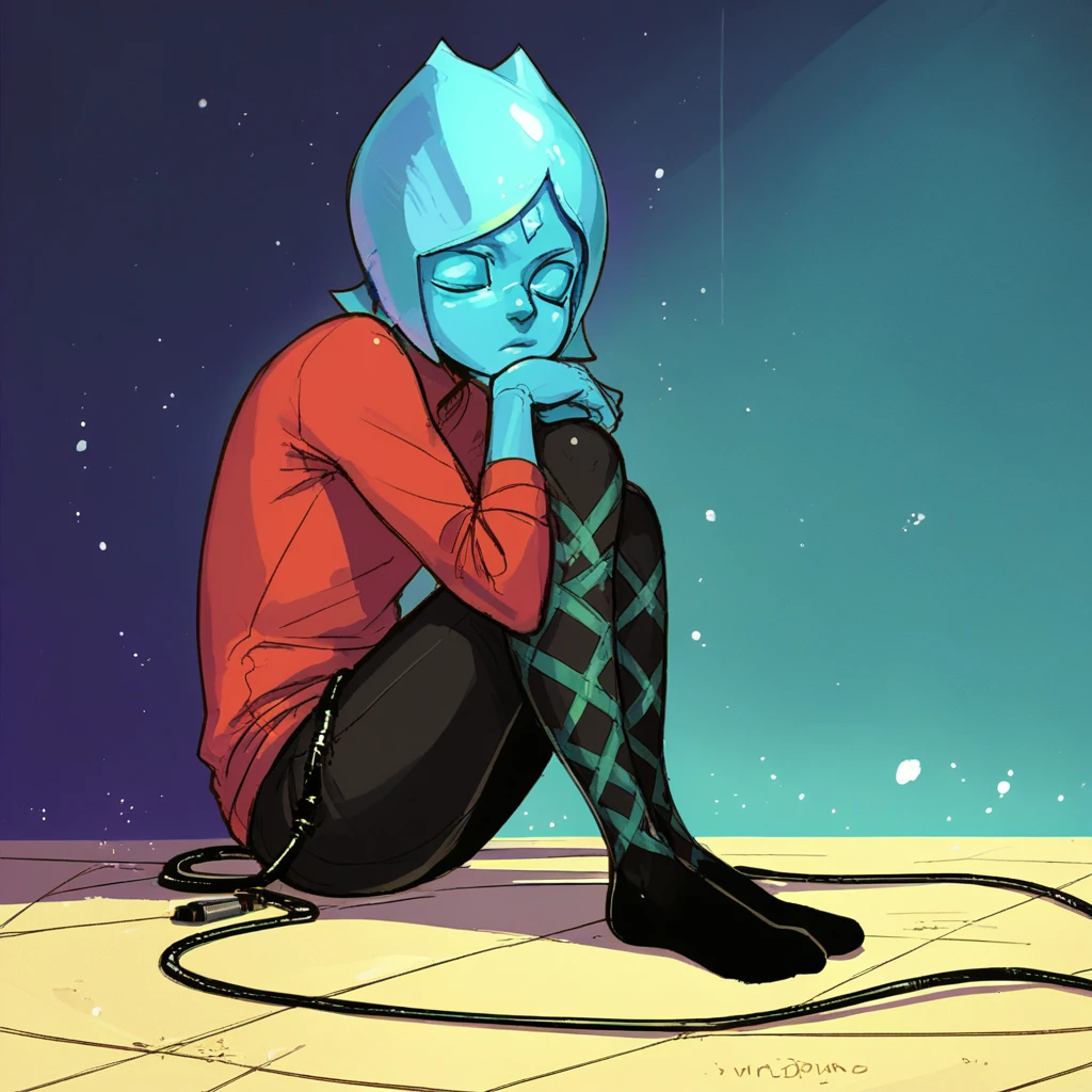 Sitting with her knees up to her chin. She hugs herself. Her body is covered in Blue crystal tanznite marble glitter. Her big blue eyes (scared features) blue crystal lips. Covered in Blue. Hair long and white
