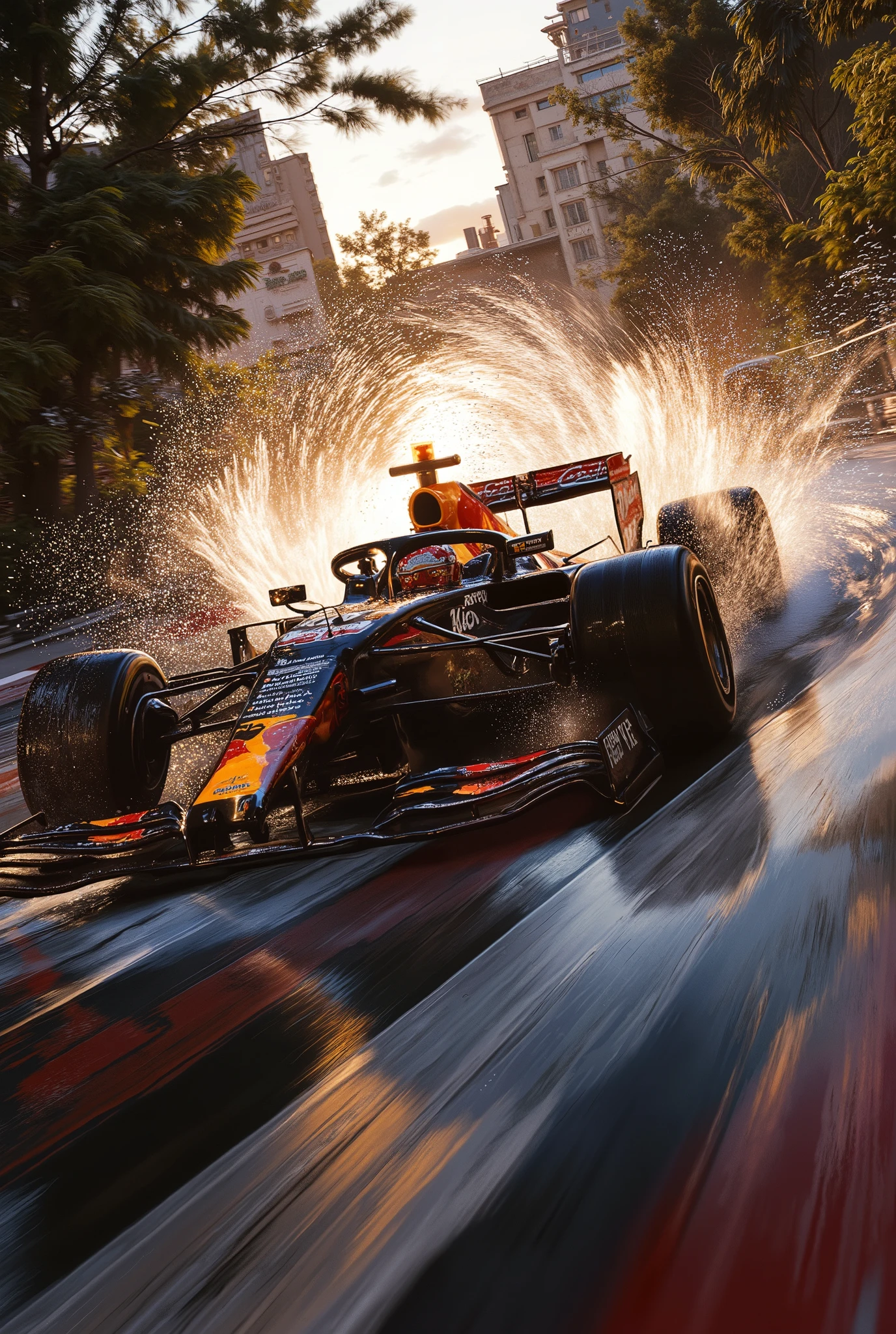 A dynamic Formula 1 racing car, the Red Bull Racing RB18, racing on a wet track in bright, dynamic colors. Detailed realistic image of a high-speed Formula 1 racing car, sleek, black with orange accents, moving fast on a wet track. The car is depicted on 3/4, when entering a turn, leaving splashes of water behind it, and is located on an urban racing track. Trees growing along the highway. The contrasting sunlight penetrates through the foliage, casting dynamic shadows on the wet surface of the track. The highway itself is marked with diagonal stripes of white, black and red, reflecting the sun's rays. Water droplets stick to the surface of the track and the car body, creating a humid, dynamic atmosphere. In the background, along the side of the road, you can see the audience. Urban structures and buildings are visible in the distance. A realistic, super-detailed image of the car's design, showing precise aerodynamic lines, realistic tire patterns, and reflective surfaces. A high-octane, dramatic mood that conveys the excitement of the race. Photorealistic, carefully thought-out details and composition. Sunset "golden hour", bright colors. Wet asphalt, water droplets, reflections and realistic lighting effects. Speed and dynamism are emphasized. Urban setting with modern elements. Clear perspective, shot well below ground level, Dutch angle, demonstrating the speed and movement of a racing car.
