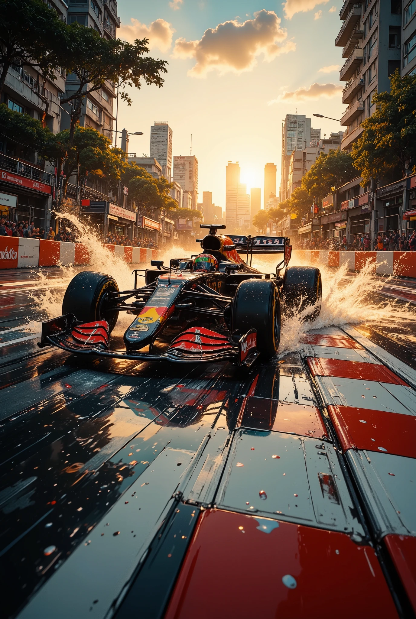 A dynamic Formula 1 racing car, the Red Bull Racing RB18, racing on a wet track in bright, dynamic colors. Detailed realistic image of a high-speed Formula 1 racing car, sleek, black with orange accents, moving fast on a wet track. The car is depicted on 3/4, when entering a turn, leaving splashes of water behind it, and is located on an urban racing track. Trees growing along the highway. The contrasting sunlight penetrates through the foliage, casting dynamic shadows on the wet surface of the track. The highway itself is marked with diagonal stripes of white, black and red, reflecting the sun's rays. Water droplets stick to the surface of the track and the car body, creating a humid, dynamic atmosphere. In the background, along the side of the road, you can see the audience. Urban structures and buildings are visible in the distance. A realistic, super-detailed image of the car's design, showing precise aerodynamic lines, realistic tire patterns, and reflective surfaces. A high-octane, dramatic mood that conveys the excitement of the race. Photorealistic, carefully thought-out details and composition. Sunset "golden hour", bright colors. Wet asphalt, water droplets, reflections and realistic lighting effects. Speed and dynamism are emphasized. Urban setting with modern elements. Clear perspective, shot well below ground level, Dutch angle, demonstrating the speed and movement of a racing car.