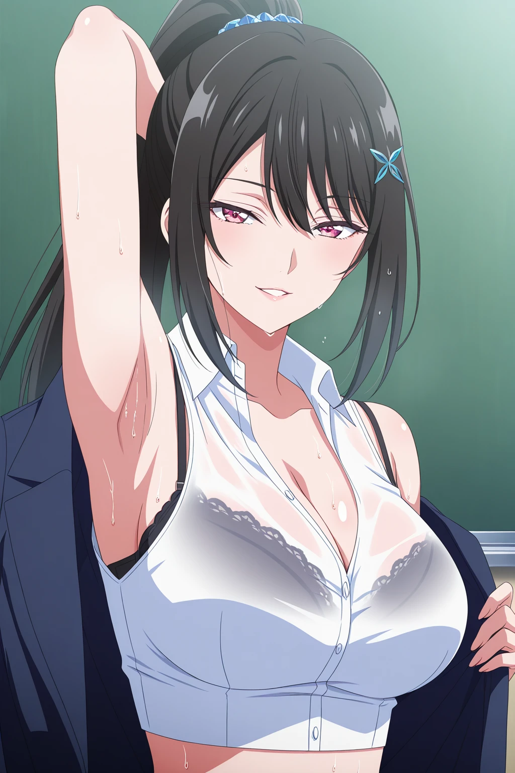 hizuruminakata, hizuru minakata, long hair, black hair, (purple eyes:1.1), large breast,
blush, lipstick, masterpiece, best quality, ((unbuttoned , cleavage, necklace, earrings, sexy body,
breasts)) , micro skirt, smiling, navel , exposed belly, exposed navel,(nsfw) not safe for work,school,knot,
classroom , holding a gun, hold a gun