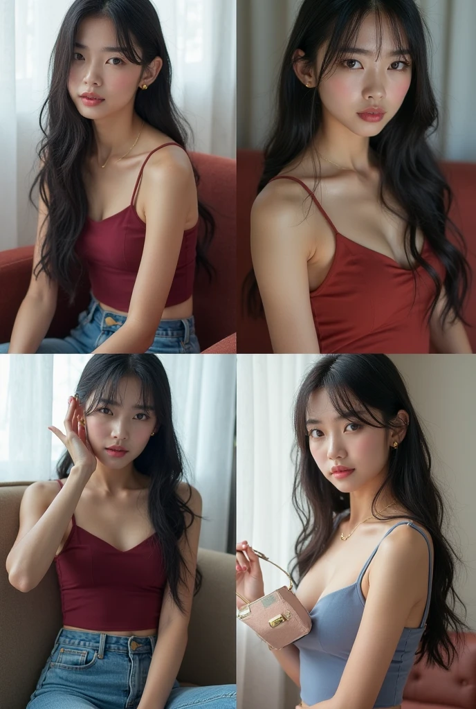 Best Quality, masutepiece, 超A high resolution, (Photorealistic:1.4), Raw photo, 4girl, K-pop idols, Long, ,Detailed eyes,(realisticeyes),delicated face,in realsK,detailed hairs,Detailed sK dein,Beautiful face,Smiling、4 people in a row、Camera shooting、beauty legs、Beautiful feet、a miniskirt、hotpants、Tank tops、