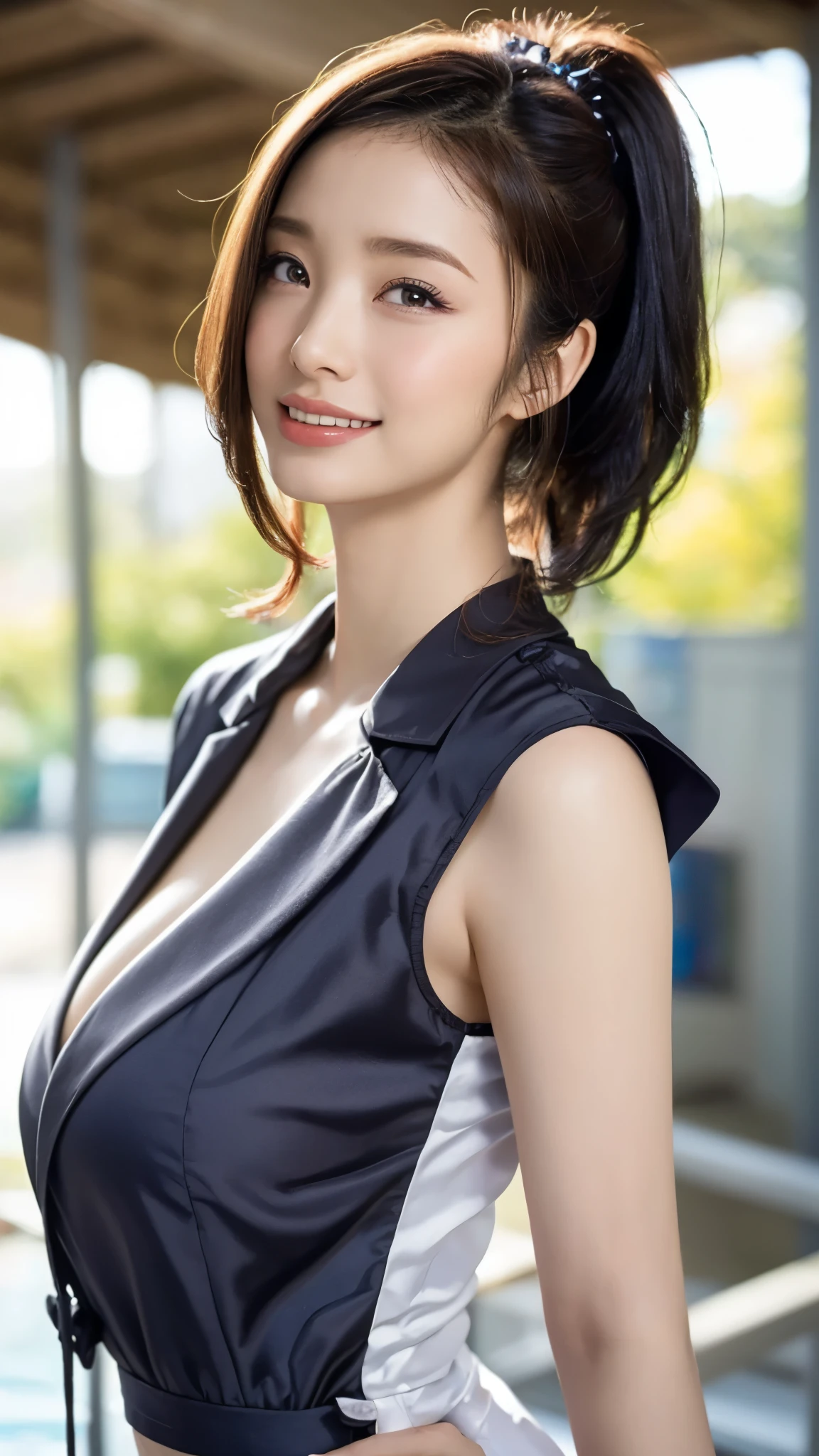(Sexy open chest business suit:1.3),(Sexy tight skirt:1.3),,(Please fold your arms in front of you,A smile full of happiness:1.3),(((Accentuate your breasts:1.3))),(Dynamic Angle),(Dynamic and sexy forward pose:1.3),(((Majestic statue))),Big ample breasts,Clothing gets messy due to movement,Chest slip,One Girl,hairpin,necklace,Earrings,Looking up from below,Pointed red mouth,Blushing,He looks shyly at the viewer,Big ample breasts,(Shiny short hair with silver and orange stripes,An intricately braided and beaded ponytail,Sweep your hair back to reveal your forehead,),(Professional Lighting),(8k,Tabletop,highest quality,Ultra-high resolution output images,),(Ultra HD with Intricate Detail Picture Mode),Depth of written boundary,Beautiful Hands,Beautiful fingers,Detailed characteristics of the fingers,Detailed hair features,Detailed facial features,Detailed clothing features,(Picture Mode Ultra HD)
