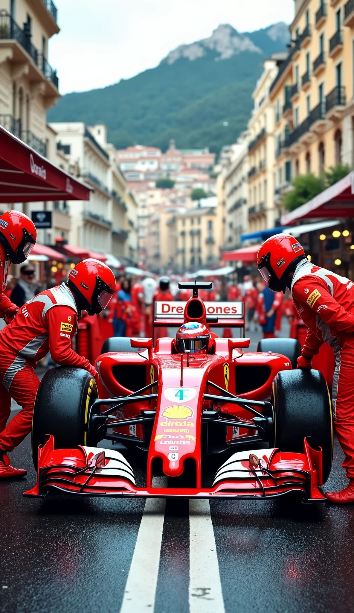 RAW photo, , ((Best Quality, 8k, masterpiece: 1.3)), sharp concentration: 1.2,、 Formula 1 racing, Scuderia Ferrari、モナコグランプリ 、Ferrari F2001、pit stop, タイヤ交換