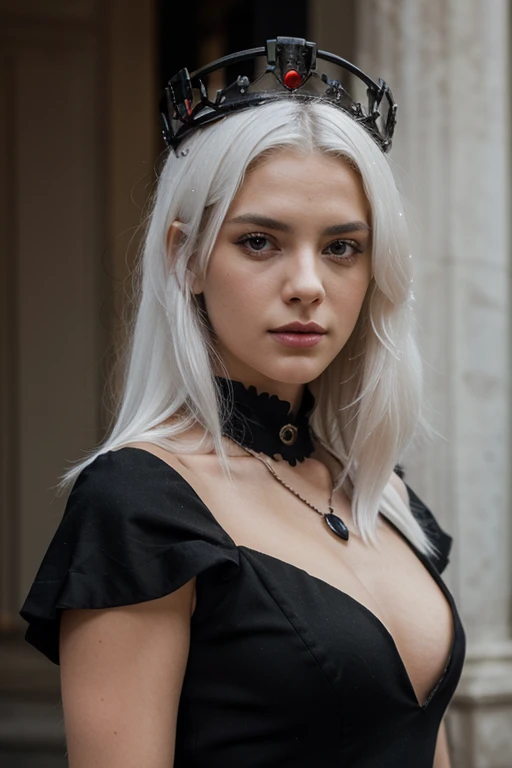 milf, blonde, souriante, naughty, devil eyes, silver hair, lolita hairband, butterfly hair ornament, Realism, silhouette, interior architecture, anatomically correct, textured skin, retina