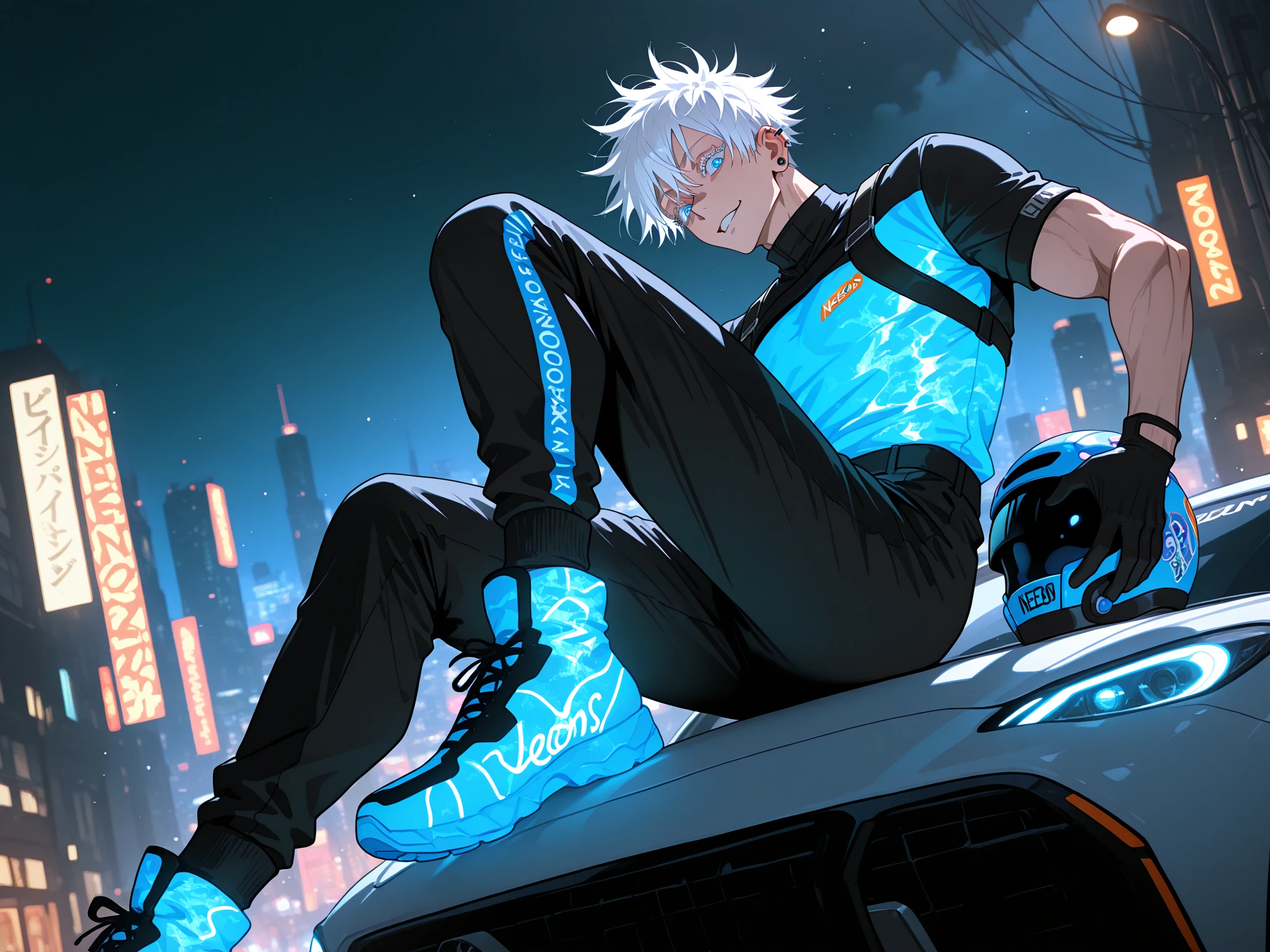 masterpiece, best quality, amazing quality, very aesthetic, absurdres, newest, scenery, lightrays, chiaroscuro, dynamic angle, eyes focus, (close-up portrait:0.55), anime style, anime coloring, 1boy, male focus, gojou satoru /(jujutsu kaisen/), colored eyelashes, blue eyes, white hair, short hair,  man, handsome face, muscular, jewelry, ear piercing, earrings, alternative costume, race outfit, gloves, black gloves, glowing clothes, neon trims, intricate fabric, neon footwear, intricate outfit, dynamic pose, sitting on car, one leg bend, holding helmet, epic race car, accelerating vehicle in background, night, neon cityscape, (neon:1.3), volumetric fog, dynamic motion blur, volumetric lighting, dappled light, light particles, cinematic lighting, depth of field,
