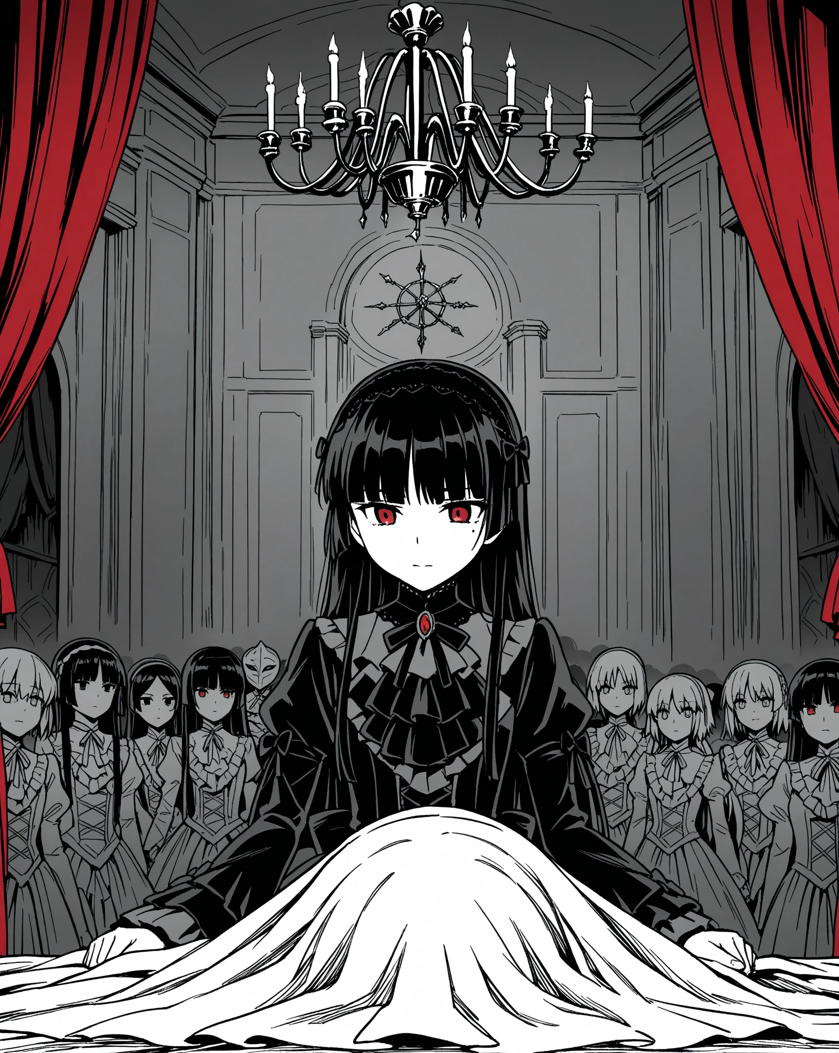 Black Hair、Black Feather、Gothic punk dress、Legs sticking out，Sit on a chair, Crossing your legs、Throne,anime zombie witch design, Crossbones, skull, Streetwear Design, Provector, Horror Style, Full Design, Only 6 colors, Solid Colors, No Shadow, Full Design, Stickers, Bright colors, White Background.Ultra-fine illustrations,(((Beautiful fine hair))),(((Beautiful Faces))),(((Beautiful background))),(((Beautiful fine hair))),(((Beautiful Faces))),(((Beautiful background)))、Black Hair、Blunt bangs
