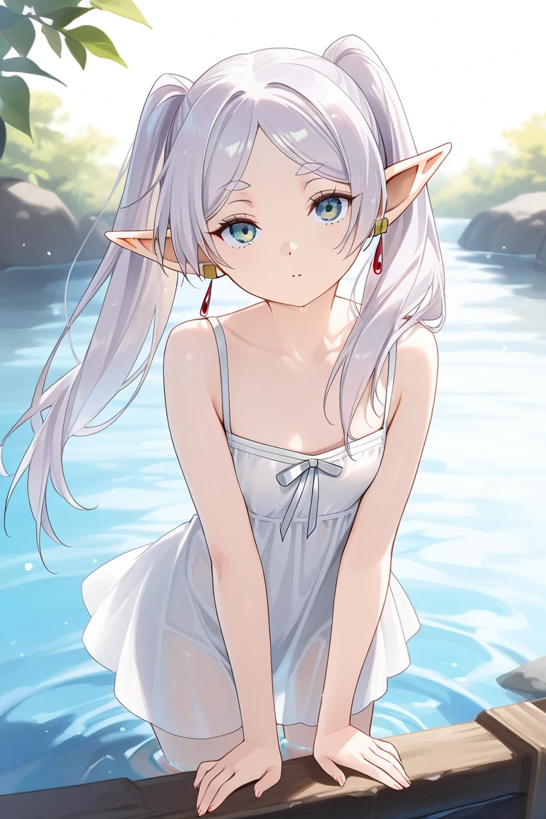 ((Frieren)), ((Masterpiece)), (Professional Photography:1.2), ((best quality)), (flat chest), (very blush), (child), 1girl, slim, slender, silky long hair, (exposed naked flat chest), nipples, beautiful low-cut, leaning forward, facing viewer, ((only plunging-neck sexy dress)), shell necklace, nature, (place hands on cheek face)