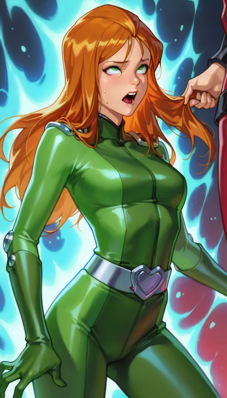 Irish Woman irish superhero suit irish clothing orange white and green clothes Flag of ireland long curly red hair pale skin green eyes