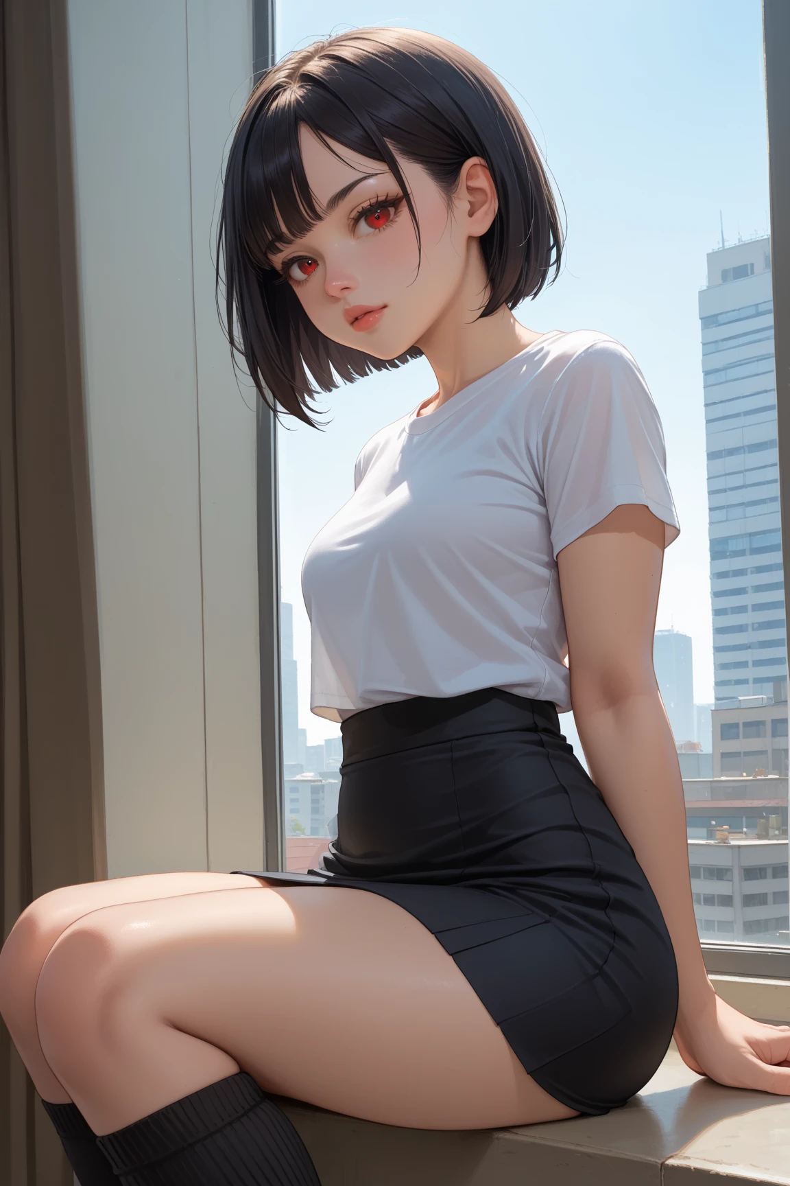(masterpiece:1.2), (best quality:1.2), night, (looking at viewer), brightskin, exteriors, By bangs,short detailed hair,White top,shorter pants