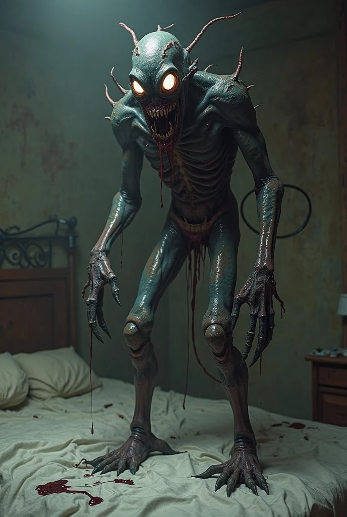 Fine matte painting, dark angel haunted castle on drawing table full of knives, horror, eerie, scary, secret horror, tentacles, vines, eyes, uncanny valley effect teeth, limbs, animals, blood moon