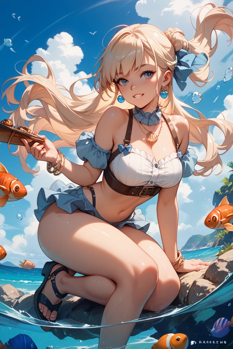 gigantic sun on the edge of the full moon behind it mountains. woman fishing in bikini long blonde hair long bangs