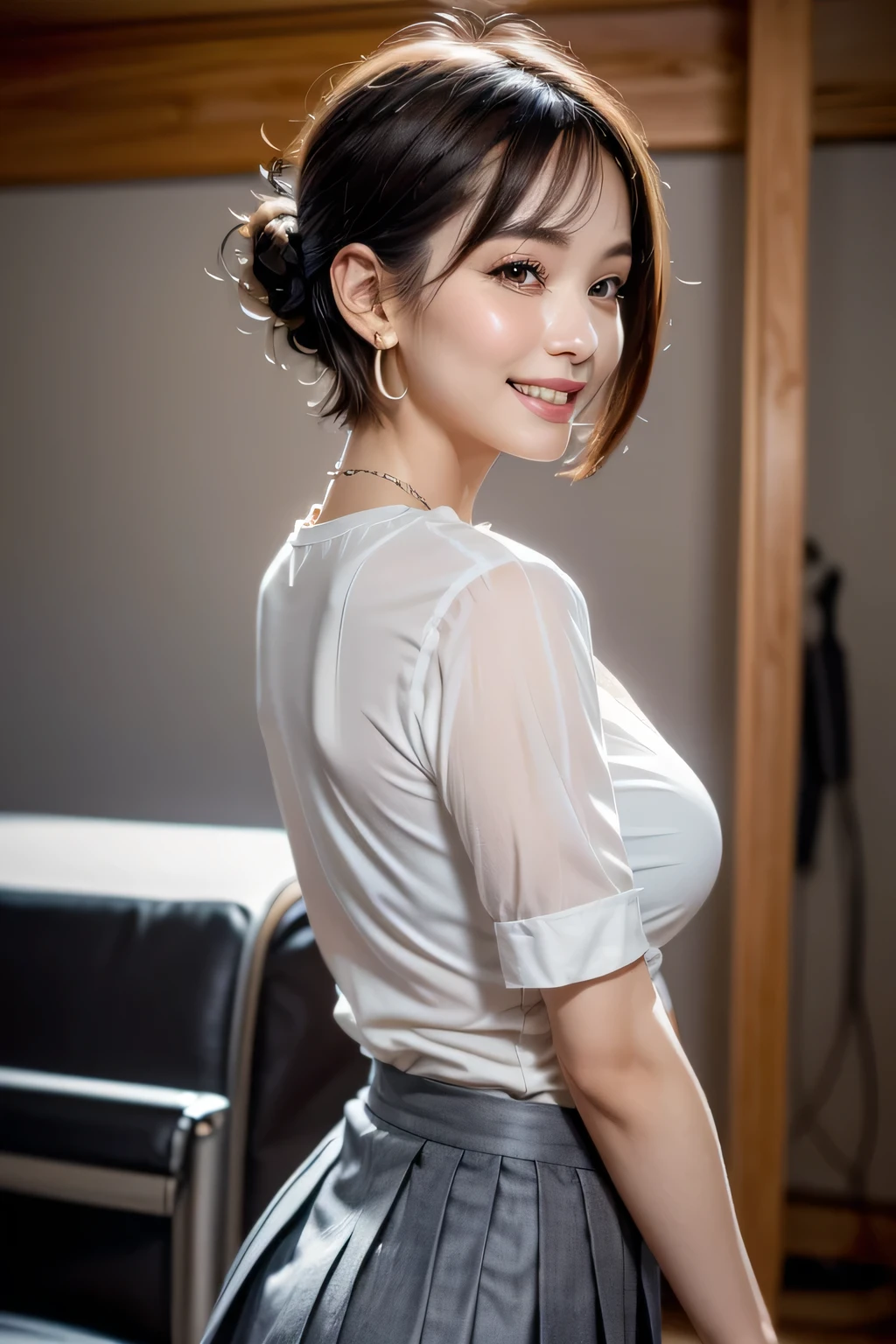 (Best Quality, masterpiece, formal, key light：The front is at a 45 degree angle , Auxiliary Light、backlight), accurate human body、Knowledgeable person, (shining skin, realistic skin texture 、  beautiful skin details , growing skin, growing skin ), (Womens 1), (Completely:1.2), grin,(white blouse:1.2), Shine, ( earrings), necklace, charming and perfect ratio, grin, pixie cut, fine surface texture , charming, wear a gray pleated skirt, Big Breasts, ((background:  white with nothing))