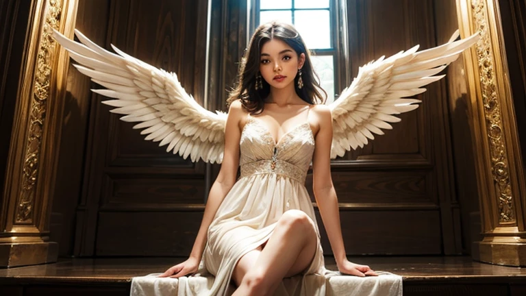 (medium full shot) of (ethereal young woman:1.1) angel, __cf-angel/ethnicity__,             wearing Ethereal white gown with flowing chiffon sleeves, wearing a crown of silver feathers glimmering with divine energy, pink stockings, pink ballet flats, feathered (angel wings), (angel halo), carrying a silver chalice filled with celestial nectar, scared at the viewer, pointing her finger at the viewer,  .set in  Study room, Productive corner with a large wooden desk cluttered with papers, a comfortable swivel chair, floor-to-ceiling bookshelves filled with reference books, a globe on a stand, and a framed inspirational quote on the wall , at night. ,Masterpiece,best quality, photorealistic, amazing quality, very aesthetic, extremely detailed face,