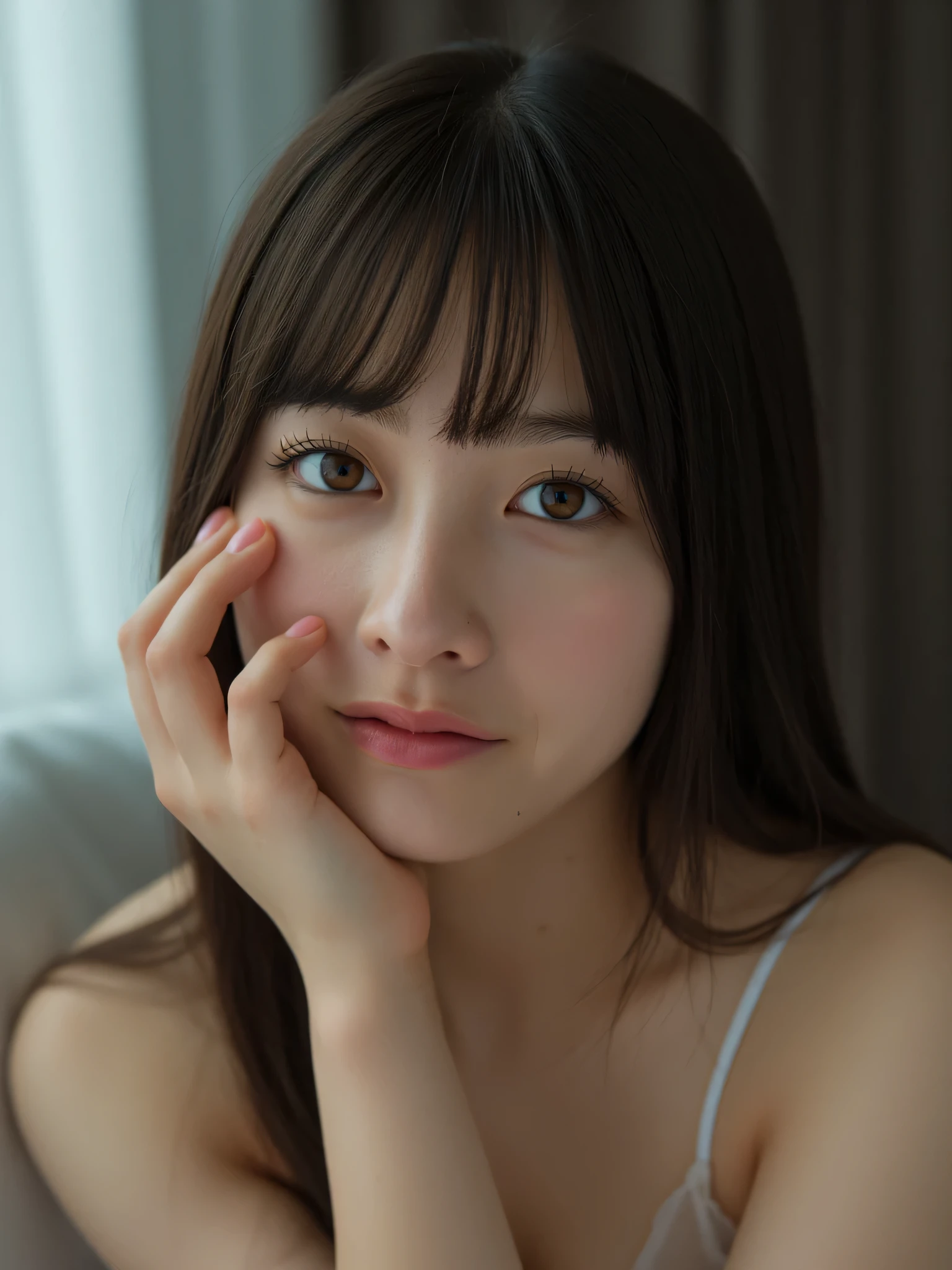 セミロングのhairと白い肌を持つ、 A young Japanese woman named Kanna with semi-long hair and white skin , hair、 she was wearing light makeup , her left hand is placed next to her cheeks , Snow White Skin . She is slim、Topless、 she smiled and looked at the camera . with a blurry background , Soft , fairy-like vibe due to her shallow depth of field . Image is young々 and looked at the camera , face close-up. surrealism , portrait photos , 8k octane , blur background, open your mouth slightly、 brown eyes、黒いhair、bedroom、 sits on the bed、 eyes that seem to be sucked in 、 hotel、 Darkness、Pitch black、 orange、No clothes、 super high heels, top quality, high detail to reduce breasts, backlit、 point your palm down、 expressionless 、Don't laugh、 midnight、Turn off the lights
