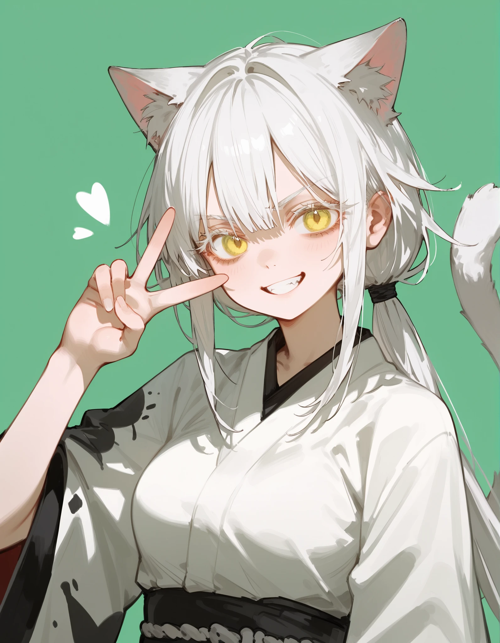 girl,Cat ears,in yellow eyes,long hair,cute,kimono,,green background, white hair,Long Eyelashes,Has a long tail,Hair pattern,serious page,medium breasts,slim,Tomboy, low ponytail , Ghoul eyes,Upper Body,smile,Grit your teeth,V sign
