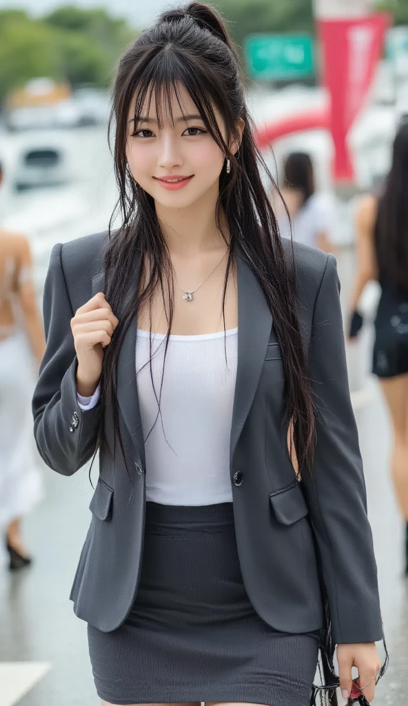A perfect young female white-collar worker,Chinese,High picture quality,Works of masters,Black hair,Long hair flowing over the shoulders,Blurred background,runway, Real Human,CG rendering,16k, Depth of field, movie light, lens flare, Ray tracing ,Stand up,Do not show your hands,Close-up shot, bright smile