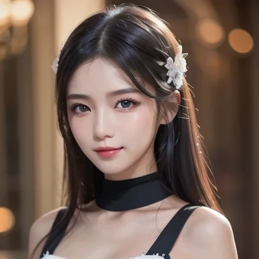 Highest quality， Ultra-high resolution， （Realistically：1.4），Cute hairpin，Gem Girl，（Flat Chest：1.2） ，Clear pink eyes,Royal Sister，Sunlight on the face，Big Wave Hairstyle，（Choker Necklace：1.2），（Fair skin：1.4），atmosphere，Beautiful girl， smile，Keep your head upright and look at the person watching， Cleavage close-up ，(Realistic:1.4),One person,sexy,(Upper Body:1.4),(Wet body),(:1.2), Red eyeshadow, Small animal face, Korean style