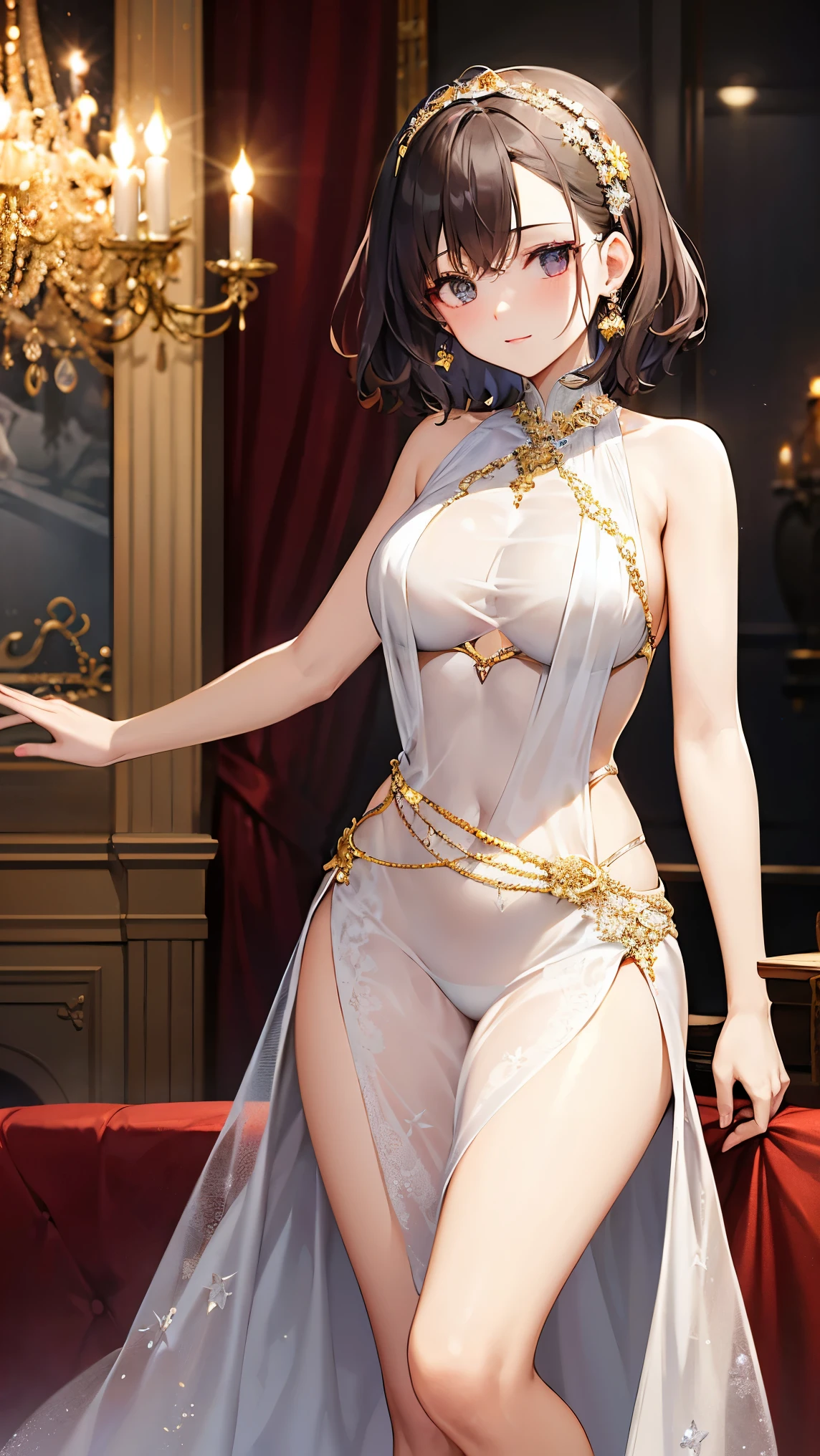 absurdres, RAW photo, extremely delicate and beautiful, masterpiece, Best Quality, ultra high resolution, 32k, hyperrealistic, ultra-detailed, detailed description, pale skin, 20 years old, detailed beautiful face and eyes, tearful mole, earring, (Colossal tits), short medium hair, wavy hair, (full body shot), alone, Victorian, dress,