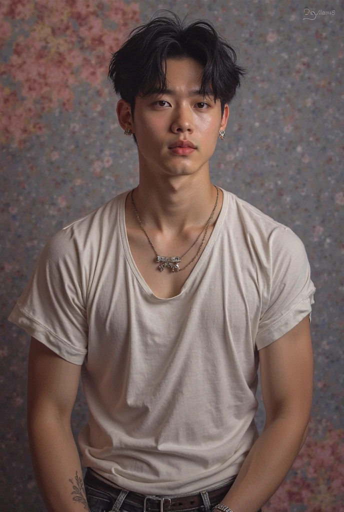 V of the kpop group, BTS, with a hard cock, shirtless, looking ahead.