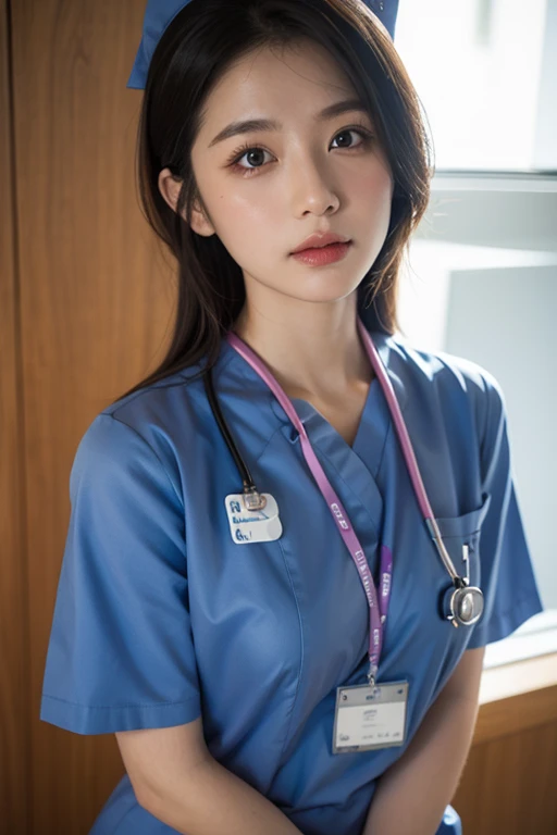 (32K:1.9, Highest quality, masterpiece, Ultra-high resolution), Professional camera work:1.6, Very detailedな肌と顔の質感:1.3, Always accurate, Very detailed, ((23 years old, New Nurse, A dark hospital room:1.4, The moonlight at night illuminates the room:1.2)), (Big breasts on the verge of collapse, Tight nurse uniform:1.3, Incredibly slim body), Fair skin, elegant, sense of cleanliness, Charm, Heartful, Fancy, Sensual pose, (Big eyes that exude beautiful eroticism:0.4, A shy smile:1.0, I love you with all my heart:0.8, Please open your mouth a little, lipstick, Feel the beautiful eroticism:0.9), (Dark brown medium hair), Stethoscope, Earrings, necklace, bracelet, (romantic, mysterious), Object of admiration, original, dramatic, artistic, Innovative, sense of openness, special, exciting, Extreme, Tilt, sense of loss, sorrow, sorrowの表現, ((The charm of youth, Feminine charm))