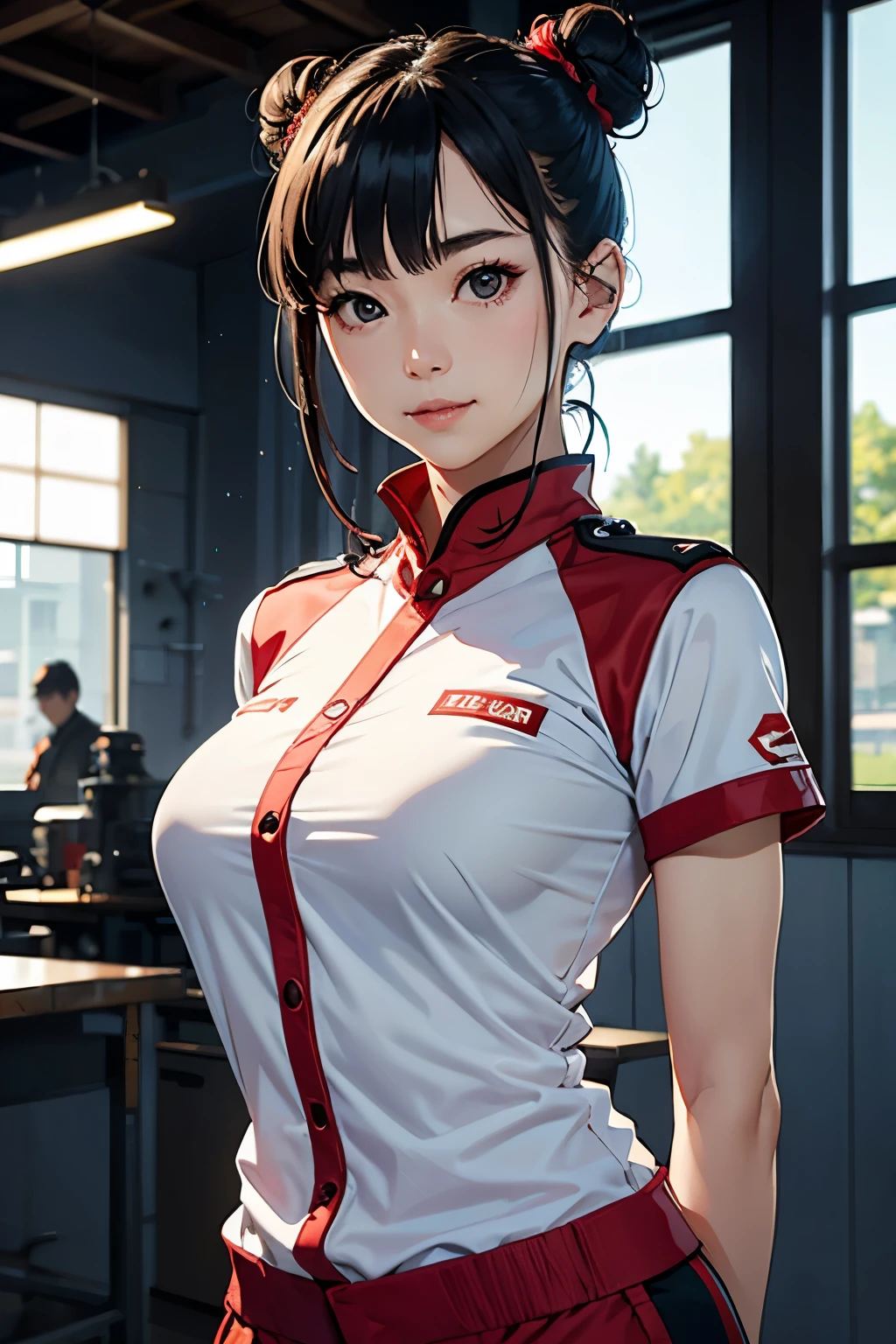 Anime girl in uniform talking on mobile phone, iwakura lain, nagatoro, magical school student uniform, Hinata Hyuga, visual novel cg, nishimiya shouko, anime moe art style, Smooth Anime CG Art, Rei Hiroe, shikamimi, yuyushiki, 4k highly detailed realistic,  Photo of a beautiful 18-year-old Anglo-Saxon sweaty girl ((Sharp jawline)) and perky tits, Wearing wet clothes standing by the bedroom window、In a skyscraper with white walls、In a wet sports bra with a deep neckline