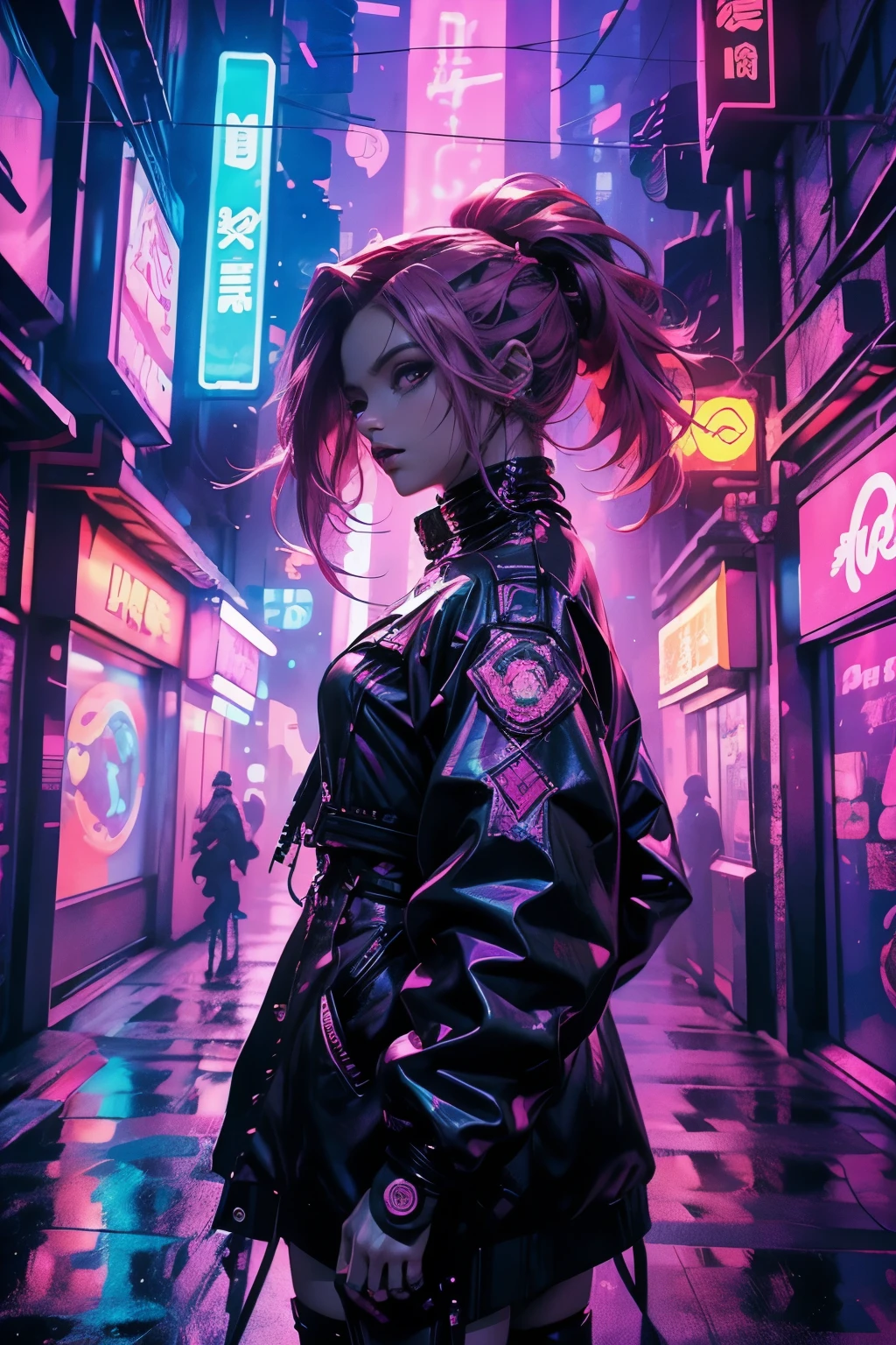 cyberpunk art, a detailed, futuristic cyberpunk scene featuring a young anime-style woman with long, vibrant pink hair and a pastel goth aesthetic, wedetailed cyberpunk,vibrant anime girl,long pink hair,pastel goth aesthetic,detailed futuristic scene,intricate background,neon lights,holographic elements,advanced technology,cinematic lighting