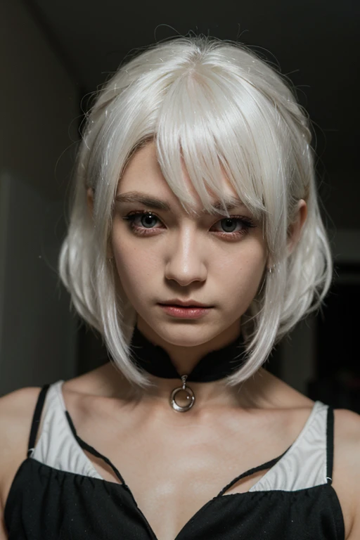 off , white hair, slightly yellow eyes, white blouse in light fabrics, masculine face