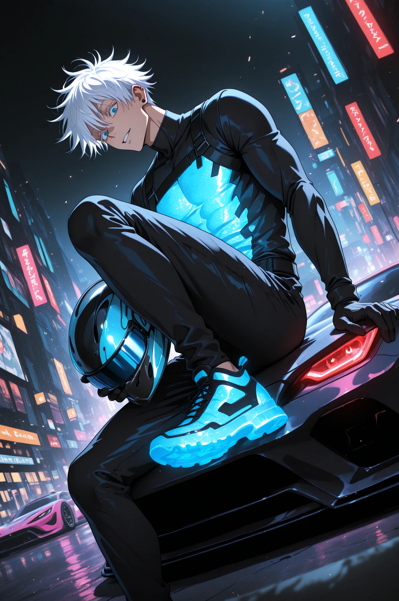 masterpiece, best quality, amazing quality, very aesthetic, absurdres, newest, scenery, lightrays, chiaroscuro, dynamic angle, eyes focus, (close-up portrait:0.55), anime style, anime coloring, 1boy, male focus, gojou satoru /(jujutsu kaisen/), colored eyelashes, blue eyes, white hair, short hair,  man, handsome face, muscular, jewelry, ear piercing, earrings, alternative costume, race outfit, gloves, black gloves, glowing clothes, neon trims, intricate fabric, neon footwear, intricate outfit, dynamic pose, sitting on car, one leg bend, holding helmet, epic race car, accelerating vehicle in background, night, neon cityscape, (neon:1.3), volumetric fog, dynamic motion blur, volumetric lighting, dappled light, light particles, cinematic lighting, depth of field,