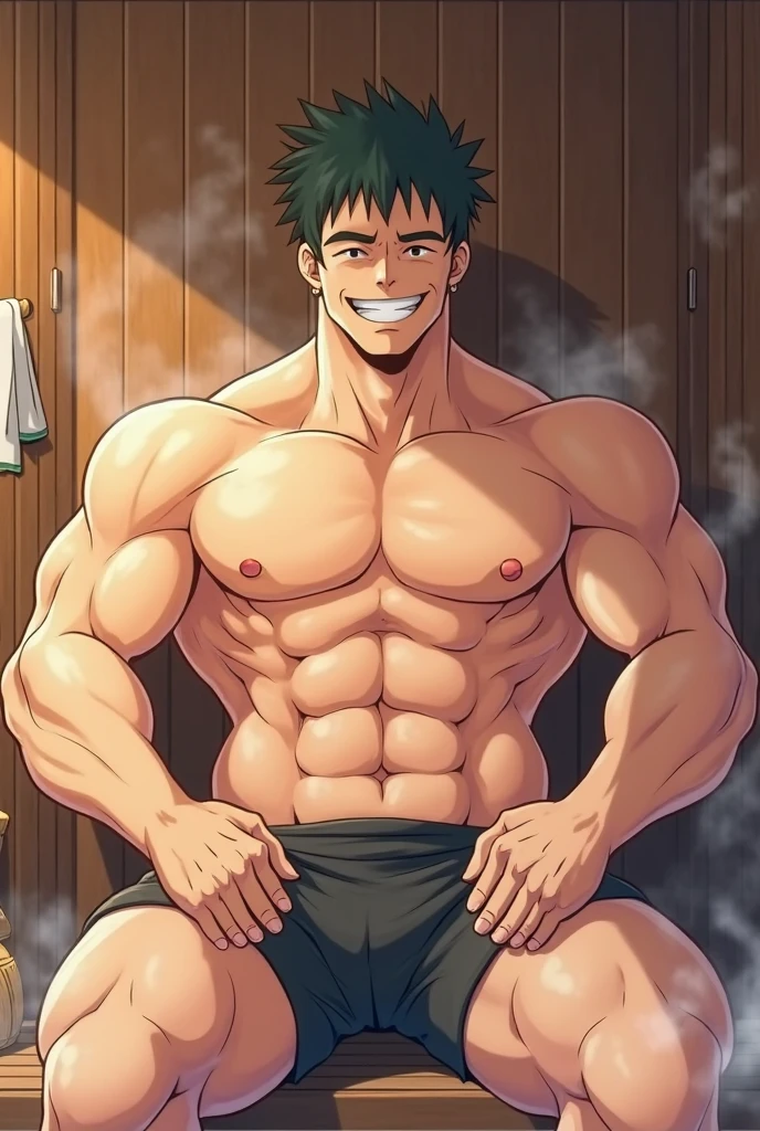 1boy,from below,cowboy shot,saotome ranma,black hair,pigtail back hair,,black eyes,sweaty tanned muscle,(glossy dark skin),completely naked,(wet white fundoshi only),whole body covered with amounts of sweat,making steam from whole body,blushing,smug face,breathing heavily,ranma standing in front of fall,legs wide open,at outdoor steamy japanese hot spring,dripping amounts of sweats,beefcake,,hairy armpit hair,(pubic hair),bulge,oyu,
