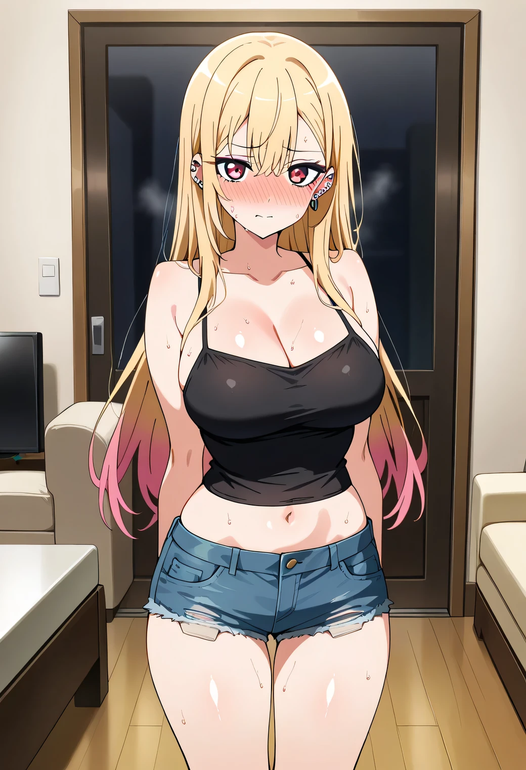 grabbing her breasts, yellow bikini bra top, low rise jeans shorts, at fitting room, bikini store background, mei terumi, 25 yo, mature women, solo, takeda hiromitsu style, anime cels style, best quality, high resolution, (large breasts:1.3), cowboy shot, blush, shouting, slim body, long hair, blonde hair, green eyes, ((hair over one eye)), pink lipstick