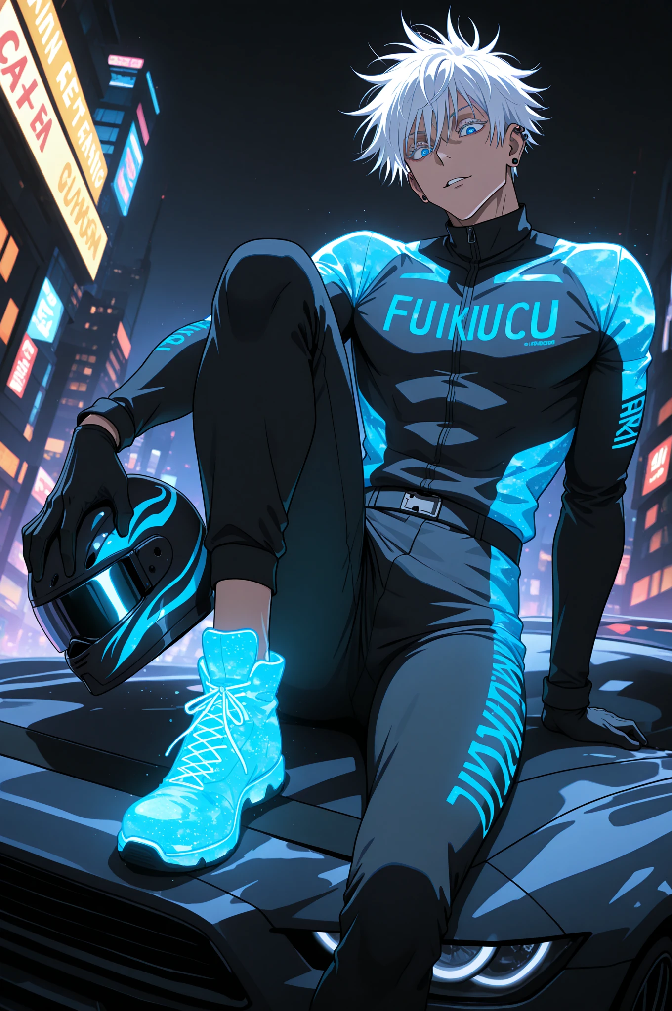 masterpiece, best quality, amazing quality, very aesthetic, absurdres, newest, scenery, lightrays, chiaroscuro, dynamic angle, eyes focus, (close-up portrait:0.55), anime style, anime coloring, 1boy, male focus, gojou satoru /(jujutsu kaisen/), colored eyelashes, blue eyes, white hair, short hair,  man, handsome face, muscular, jewelry, ear piercing, earrings, alternative costume, race outfit, gloves, black gloves, glowing clothes, neon trims, intricate fabric, neon footwear, intricate outfit, dynamic pose, sitting on car, one leg bend, holding helmet, epic race car, accelerating vehicle in background, night, neon cityscape, (neon:1.3), volumetric fog, dynamic motion blur, volumetric lighting, dappled light, light particles, cinematic lighting, depth of field,