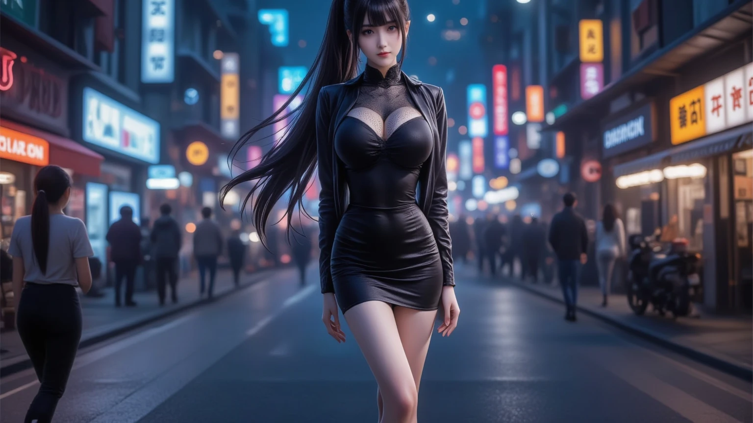 Best quality, photo realistic, night city, big breast, thick thighs, tight short pants, grey colour, dress, wet dress, brown eye, black hair, black full length net socks