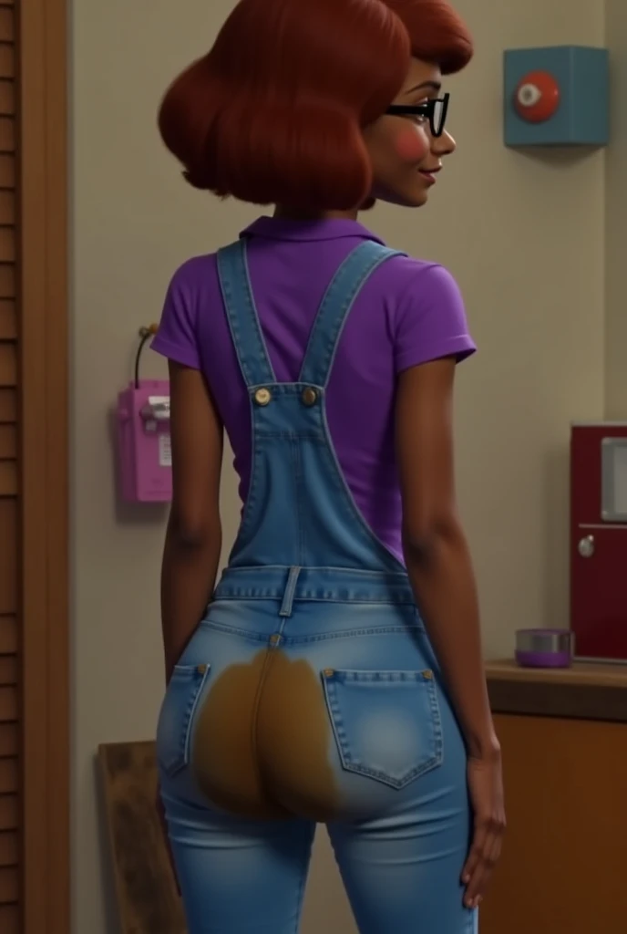 Maru from Stardew Valley. Inside her workshop. Dark skin. Brown/red hair. Glasses. Smile. Slender figure. Purple shirt. Seen from behind. Jumpsuit. Jeans jumpsuit. Pooping herself. Pooping her pants. Big bulge on her butt. photo realistic. Dark