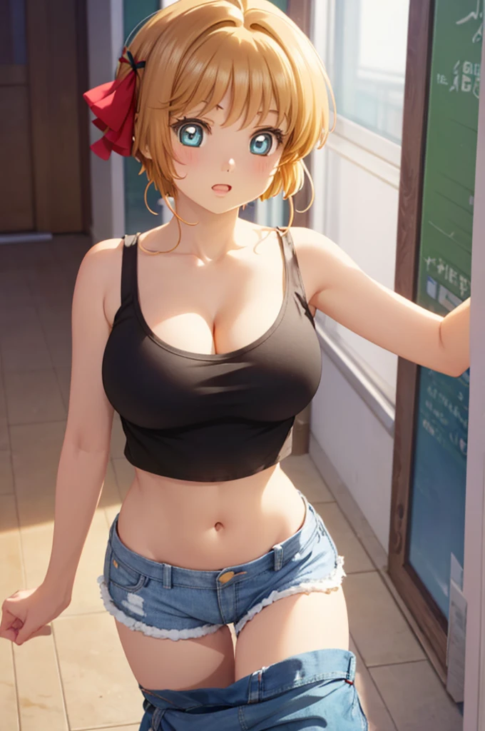 2D Anime Style、Blue eyes、Beautiful shining eyes, (Talented lo-fi:1.3),breasts are slightly larger、high and beautiful nose,Beautiful face with slender contours,A cool adult woman with short blonde hair and an angry expression looking up...................、Fashion that shows your stomach and cleavage, he is wearing a shirt and shorts。。。。。。..,walking down the streets of america,