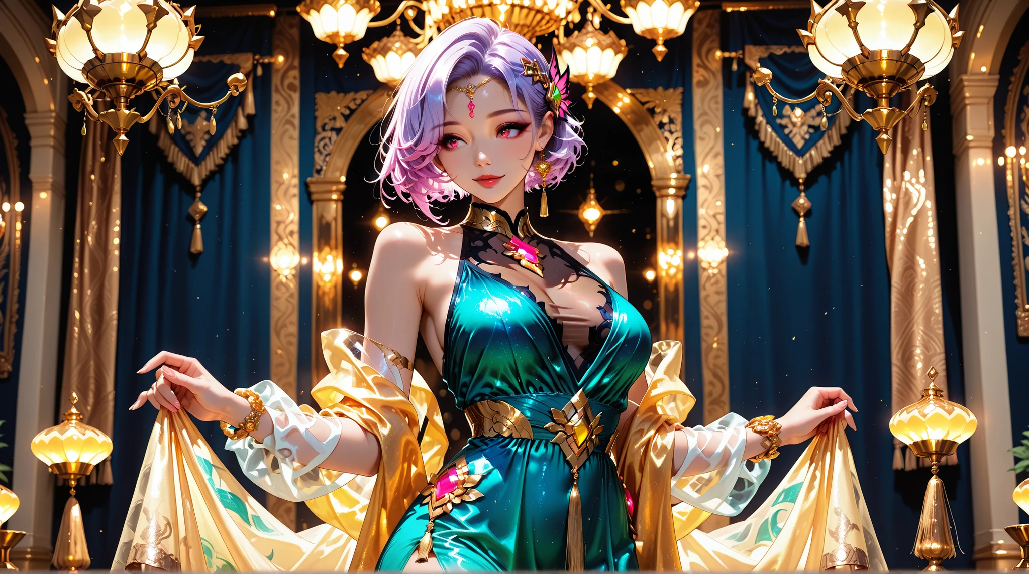 sleeveless dress, see-through inner , wave short hair, hair accessories, Resplendent Jewel , Gold Thread , Luxurious Chandeliers, Tapestry,