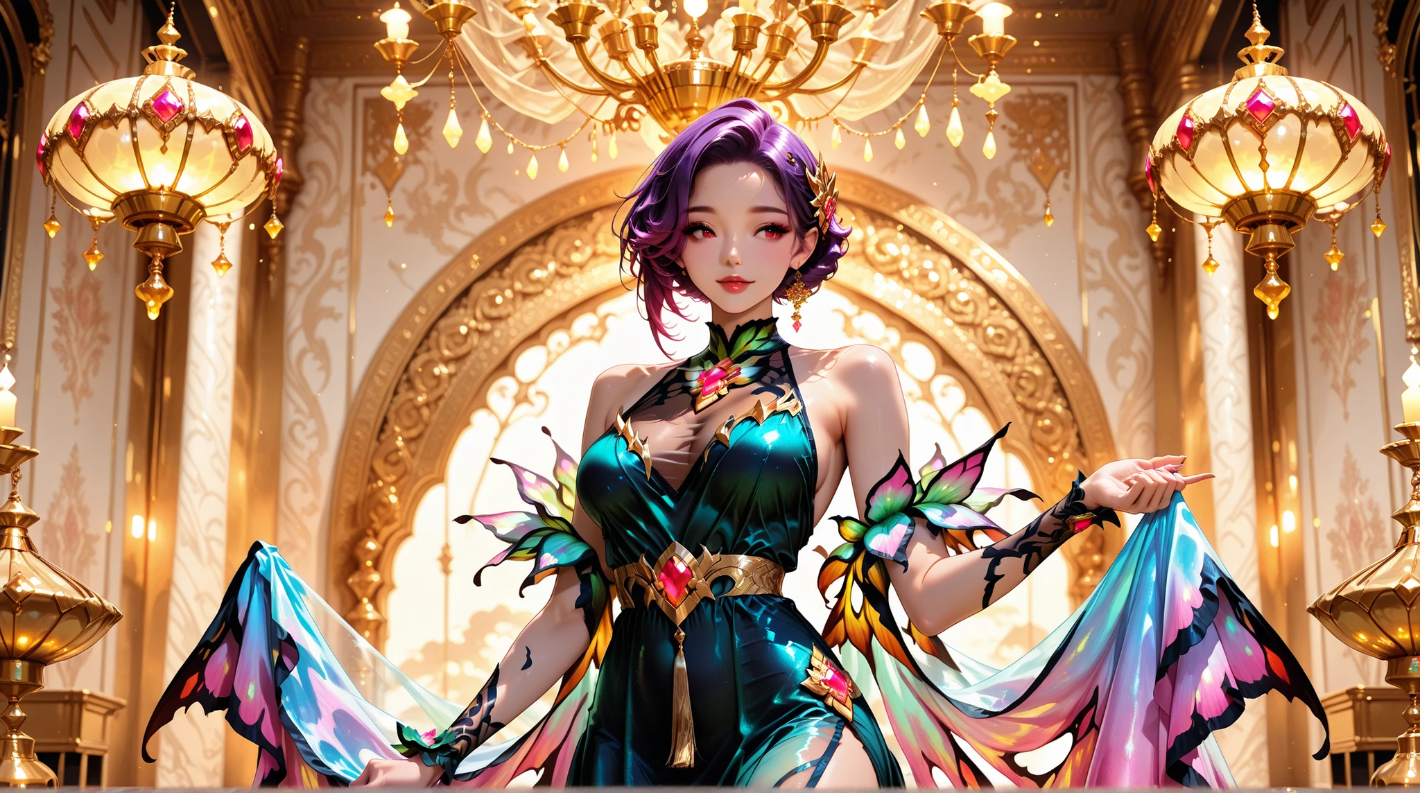 sleeveless dress, see-through inner , wave short hair, hair accessories, Resplendent Jewel , Gold Thread , Luxurious Chandeliers, Tapestry,