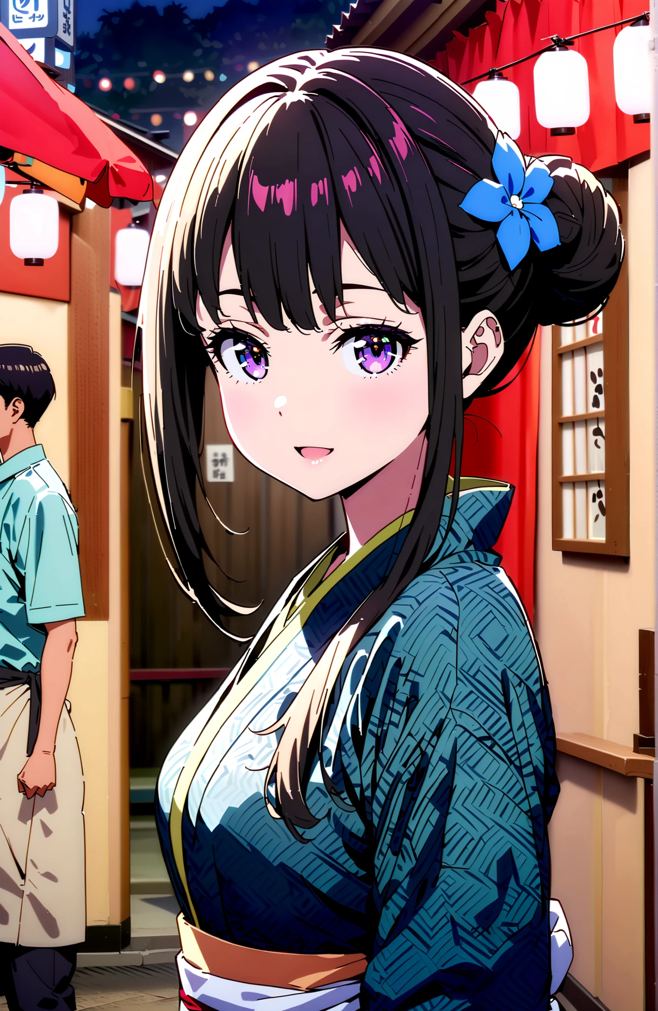 Takiuchikami, check it out, bungs, black hair with a young pattern, purple eyes,smile,cover,open your mouth,narrows her eyes,side lock,single bun hair,Medium breast,flower hair ornament,Blue flower pattern kimono,standing,Light up fireworks,Japanese stalls ,Red Lantern,night,full bodyがイラストに入るように,break outdoors, Japanese Festival,
break looking at viewer,full body,
break (masterpiece:1.2),Best Quality ,Kampala,unity 8k 壁紙,(shape:0.8),( fine and beautiful eyes :1.6),It's a person ,full body写真,CG Details , (perfect hand,complete anatomy),
