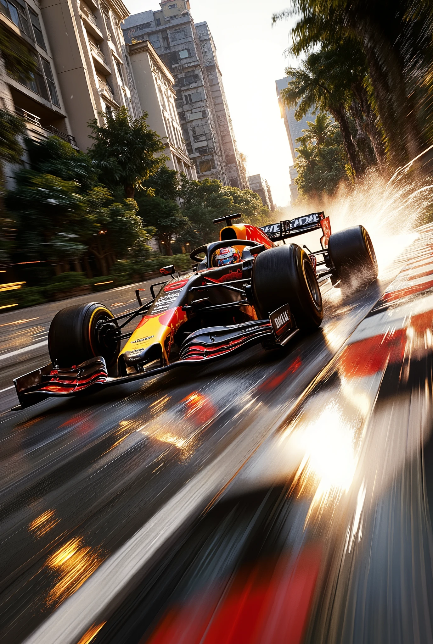 A dynamic Formula 1 racing car, the Red Bull Racing RB18, racing at high speed on a wet track, entering a turn, in bright dynamic colors. Detailed realistic image of a high-speed Formula 1 racing car, shot well below ground level, Dutch angle, smooth, black with orange inserts, moving fast on a wet track. The car is depicted on 3/4, when entering a turn, leaving splashes of water behind it, and is located on an urban racing track. Trees growing along the highway. The contrasting sunlight penetrates through the foliage, casting dynamic shadows on the wet surface of the track. The highway itself is marked with diagonal stripes of white, black and red, reflecting the sun's rays. Water droplets stick to the surface of the track and the car body, creating a humid, dynamic atmosphere. In the background, along the side of the road, you can see the audience. Urban structures and buildings are visible in the distance. A realistic, super-detailed image of the car's design, showing precise aerodynamic lines, realistic tire patterns, and reflective surfaces. A high-octane, dramatic mood that conveys the excitement of the race. Photorealistic, carefully thought-out details and composition. Sunset "golden hour", bright colors. Wet asphalt, water droplets, reflections and realistic lighting effects. Speed and dynamism are emphasized. Urban setting with modern elements. A clear perspective showing the speed and movement of a racing car.