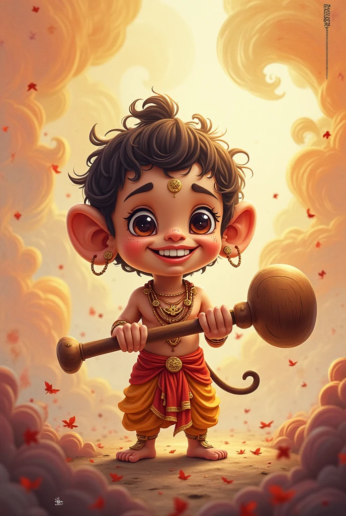 Animatic image of cute and Young Hanumanji, smiling ,a designer spherical gada on shoulder, background of round shiv jyotirling