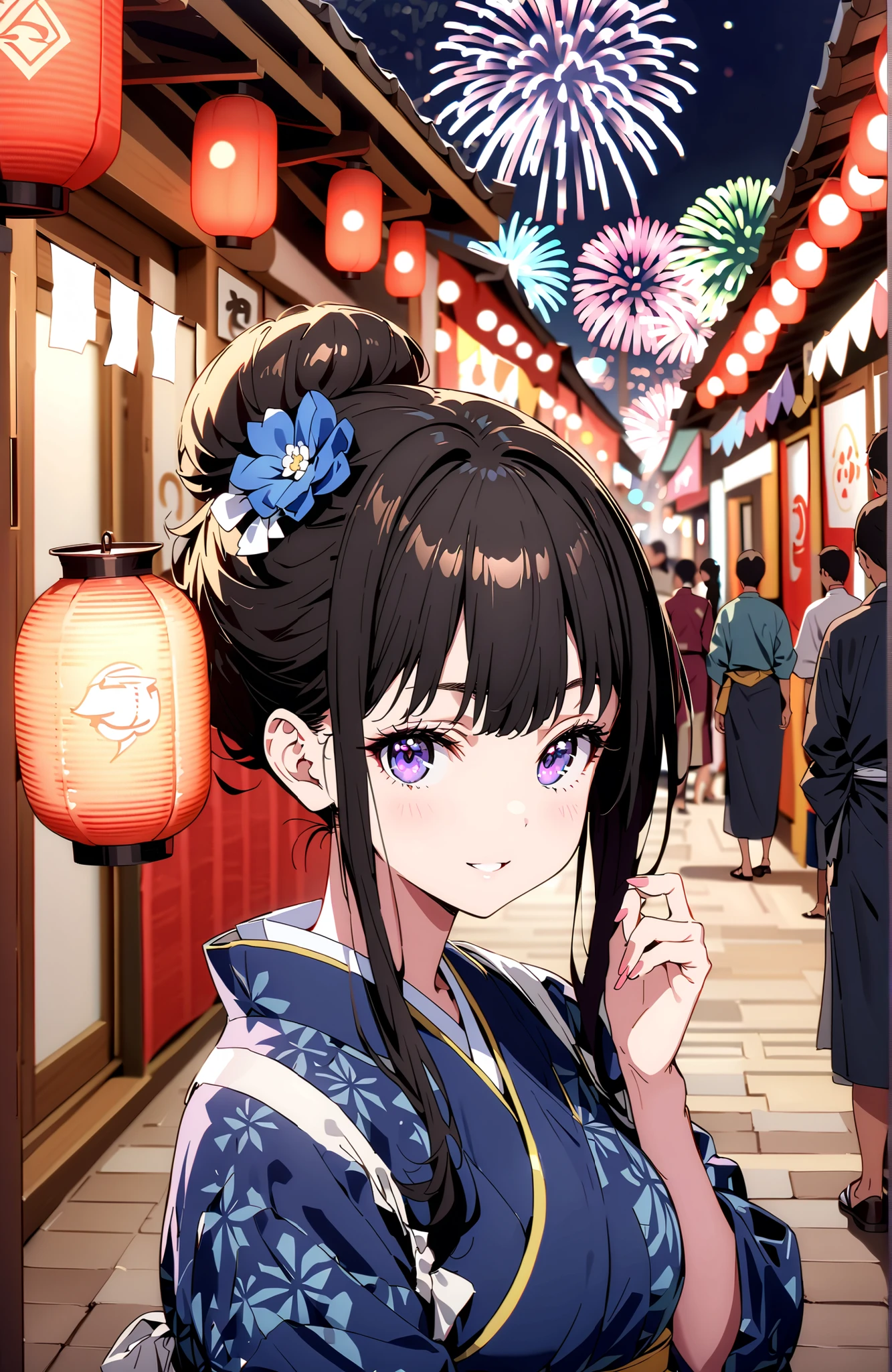 Takiuchikami, check it out, bungs, black hair with a young pattern, purple eyes,smile,cover,open your mouth,narrows her eyes,side lock,single bun hair,Medium breast,flower hair ornament,Blue flower pattern kimono,standing,Light up fireworks,Red Lantern,night,full bodyがイラストに入るように,break outdoors, Japanese Festival,
break looking at viewer,full body,
break (masterpiece:1.2),Best Quality ,Kampala,unity 8k 壁紙,(shape:0.8),( fine and beautiful eyes :1.6),It's a person ,full body写真,CG Details , (perfect hand,complete anatomy),