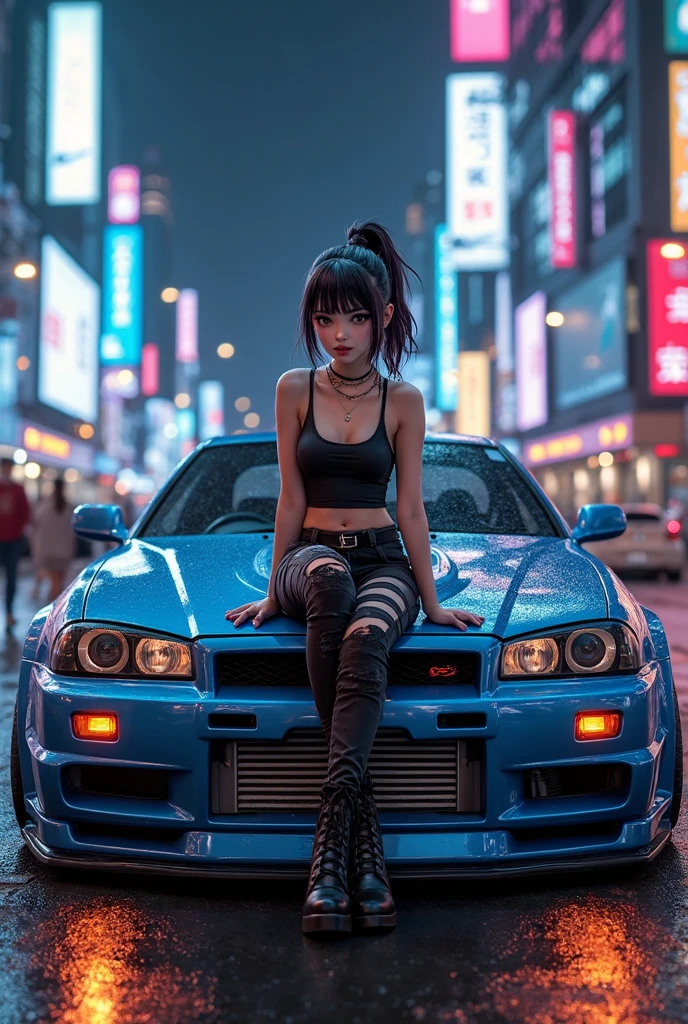 photorealism:1.2), beautiful lady to fast 2 furious actris, white tight printing t-shirts and smoking(smokes comes out) , modified nissan skyline (glossy silver), smokes streets, the traffic lights and marks, low angle camera shots, headphones on his neck, new nike sneakers, car lights in the streets at nights