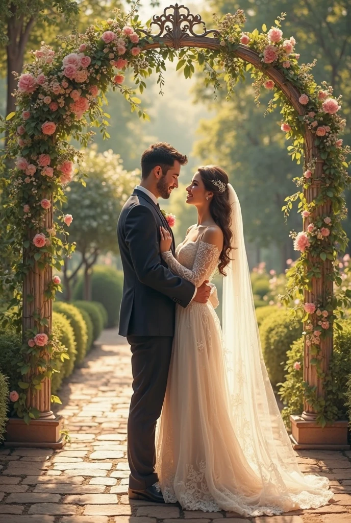 NO HUMAN, Professional DSLR Floral Wreath Arch: A backdrop featuring a large floral wreath archway, providing a stunning focal point for the ceremony. --auto --s2