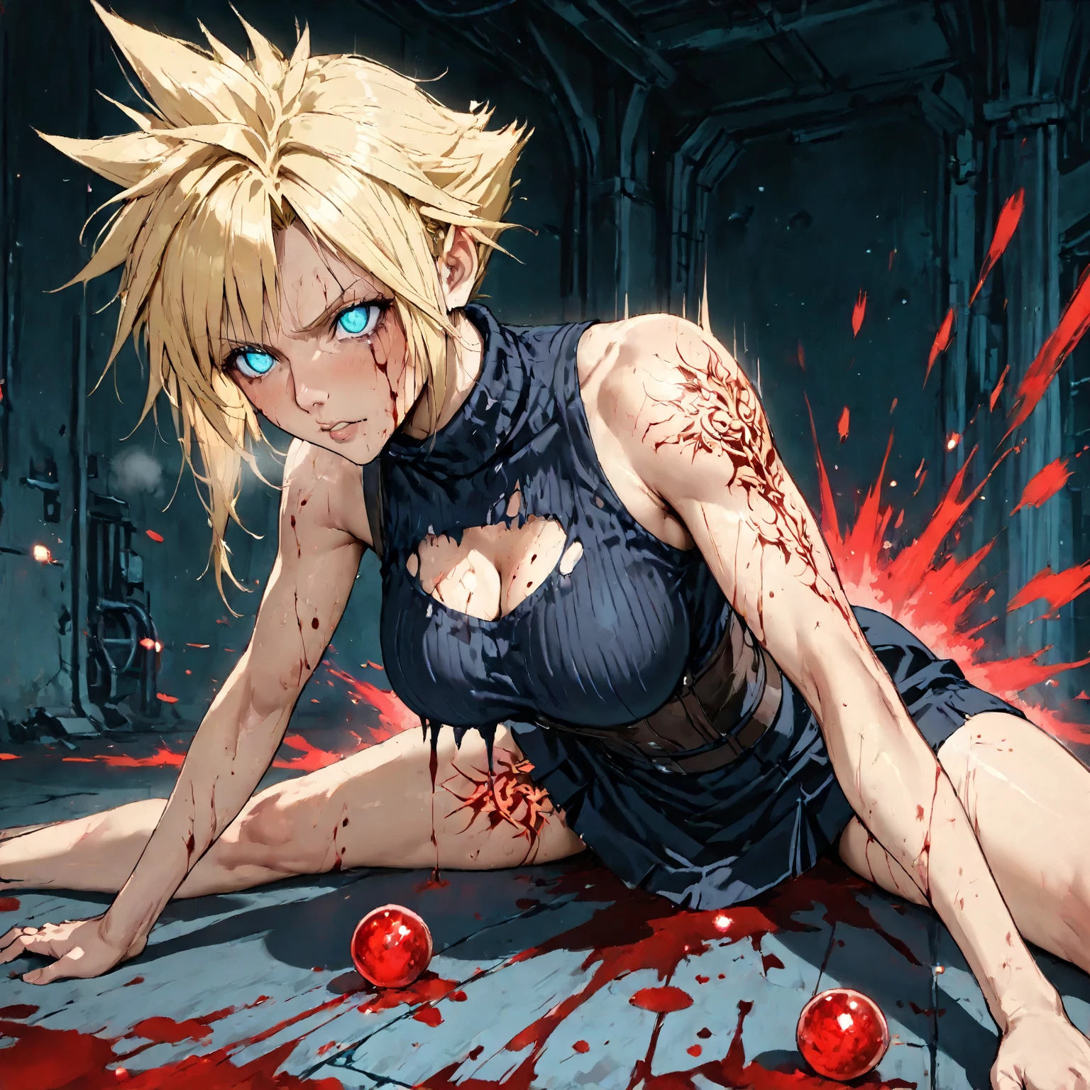 Dry sand dystopian world, dust and wind, in shattered concrette build ruins, servicing beautiful sexy blonde black haired woman victim warrior in rags and torn under panties, holding sharpend wooden stick tip covered in blood, no armor, no guns, 36k resolution, hyperdetailed, modern impresionism sereal and realism art style、 sultry look, seductive