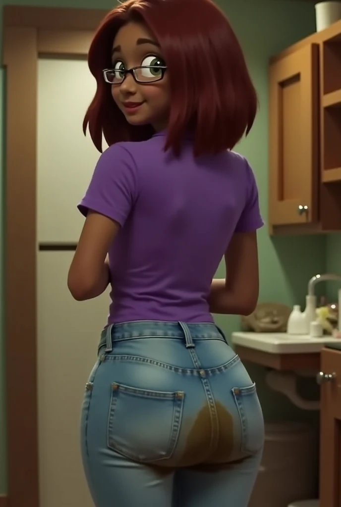 Maru from Stardew Valley. Inside her workshop. Dark skin. Brown/red hair. Glasses. Smile. Slender figure. Purple shirt. Seen from behind. Jumpsuit. Jeans jumpsuit. Pooping herself. Pooping her pants. Big bulge on her butt. photo realistic. Dark