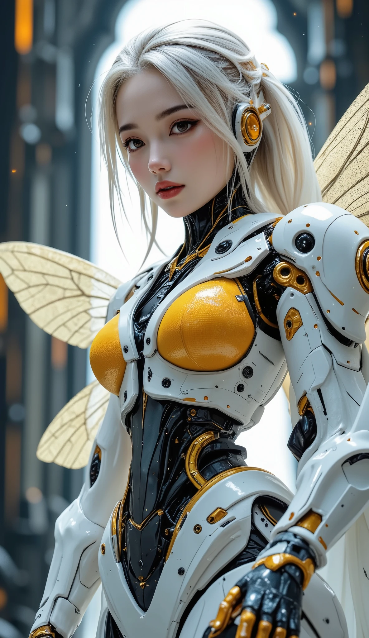 complex 3d render ultra detailed of a beautiful porcelain profile girl latina face, angel, robotic parts, 150 mm, beautiful studio soft light, rim light, vibrant details, luxurious cyberpunk, lace, ((glowing yellow eyes:1.5)), hyperrealistic, anatomical, facial muscles, cable electric wires, microchip, elegant, beautiful background, octane render, H. R. Giger style, 8k, best quality, masterpiece, illustration, an extremely delicate and beautiful, extremely detailed ,CG ,unity ,wallpaper, (realistic, photo-realistic:1.37),Amazing, finely detail, masterpiece,best quality,official art, extremely detailed CG unity 8k wallpaper, absurdres, incredibly absurdres, robot, silver halmet, full body