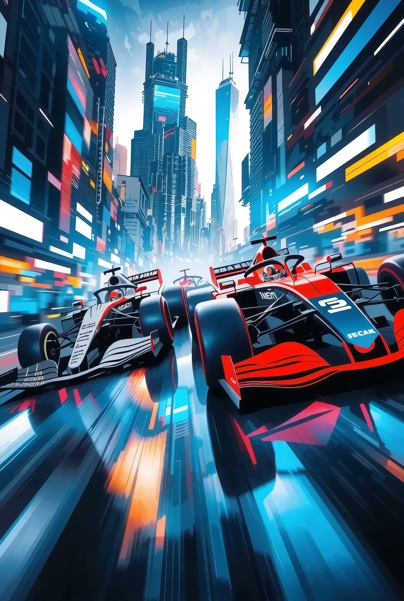(Ultra High Definition, transparent glow light, super vivid colored, absurd less hyper realistic, Photogenic),
(F1 Racing, Intense and Thrilling Compositions), (Dynamic grand shot, Dutch angle),
(3 New Formula cars, A fierce battle between 3 professional F!drivers, Ultra High Definition, high performance, Cutting-Edge Aerodynamic Design Shapes, Enhanced Ground Pressure with Downforce, Spinning Wheel , Refined Product Product Image, high spec machine),
(Dead Heat turning around a corner at super high speed, Intense Racing Battles, Special Effects to Enhance Power),
driving into the dimension city image,
you witness a historic moment,